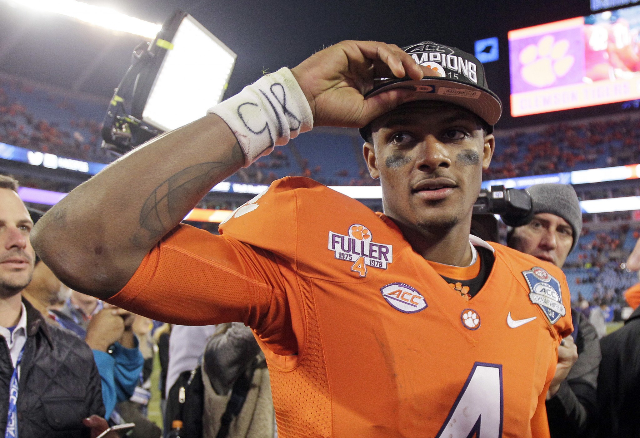 FILE - In this Dec. 6, 2015, file photo, Clemson quarterback Deshaun Watson celebrates after Clemson defeated North Carolina 45-37 in the Atlantic Coast Conference championship NCAA college football game in Charlotte, N.C. Watson and the Tigers are the preseason favorites to win the ACC. (AP Photo/Gerry Broome, File)