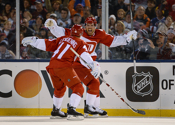 DENVER, CO - FEBRUARY 27: Detroit Red Wings center Brad Richards (17) celebrate his game winning goal with Detroit Red Wings center Luke Glendening (41) during the third period February 27, 2016 at Coors Field. The Detroit Red Wings defeated the Colorado Avalanche 5-3. (Photo By John Leyba/The Denver Post via Getty Images)