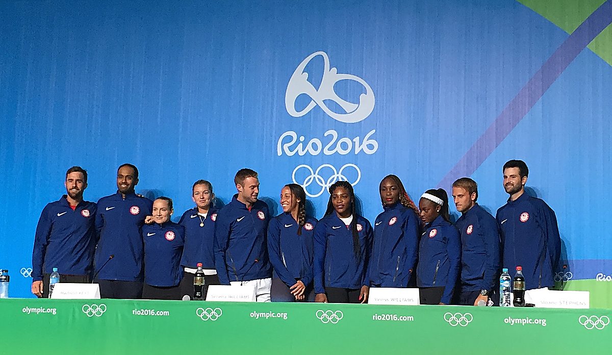 Team USA, from left to right: Steve Johnson, Rajeev Ram, Bethanie Mattek-Sands, Coco Vandeweghe, Jack Sock, Madison Keys, Serena Williams, Venus Williams, Sloane Stephens, Denis Kudla, Bryan Baker.