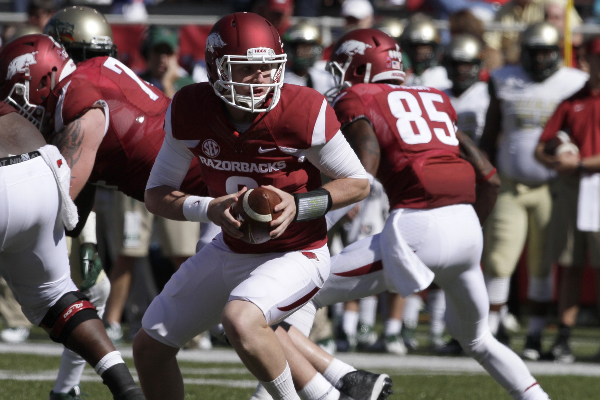 Arkansas quarterback Austin Allen, center, prepares to hand off in the second half of an NCAA college football game in Fayetteville, Ark., Saturday, Oct. 25, 2014. Arkansas defeated UAB 45-17. (AP Photo/Danny Johnston)