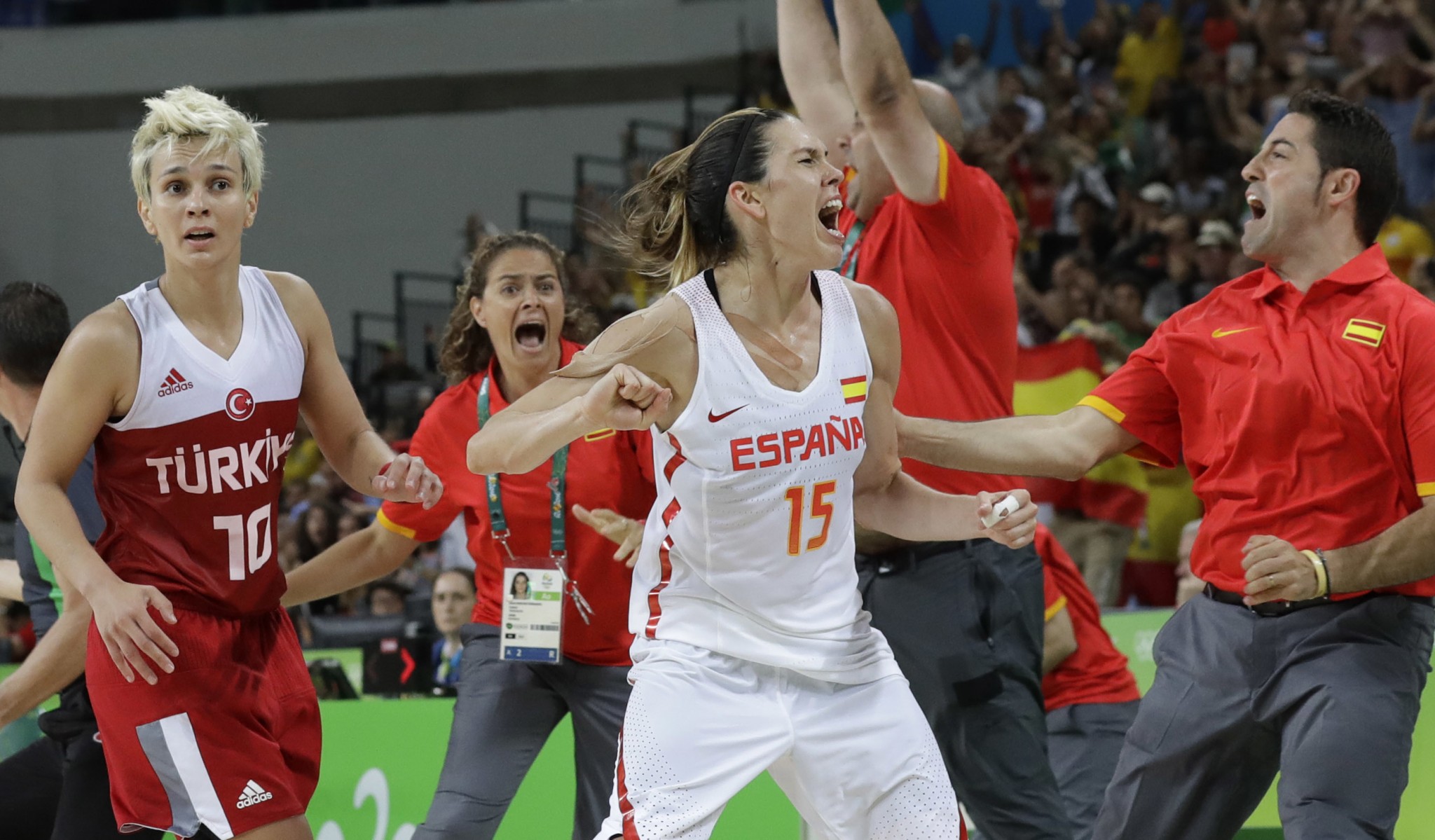 Spain's Anna Cruz celebrates her game-winning shot over Turkey. (AP/Eric Gay)