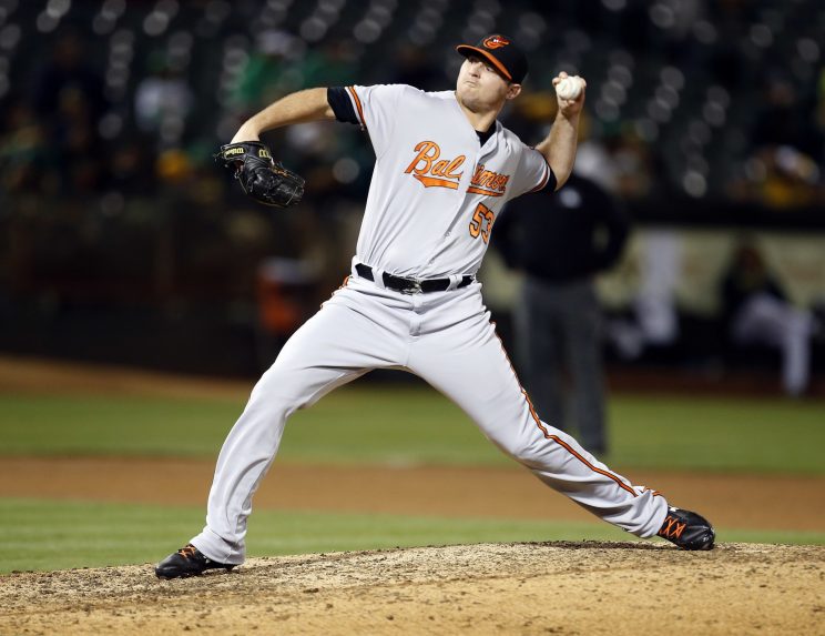 Baltimore Orioles relief pitcher Zach Britton throws to an Oakland Athletics batter during the eighth inning of a baseball game Wednesday, Aug. 10, 2016 in Oakland, Calif. Oakland won 1-0. (AP Photo/Tony Avelar)