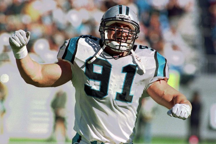 Carolina Panthers linebacker Kevin Greene (91) celebrates in the fourth quarter against the New Orleans Saints at Ericsson Stadium in Charlotte, N.C., Sunday, Oct. 20, 1996. The Panthers won 19-7. (AP Photo/Chuck Burton)