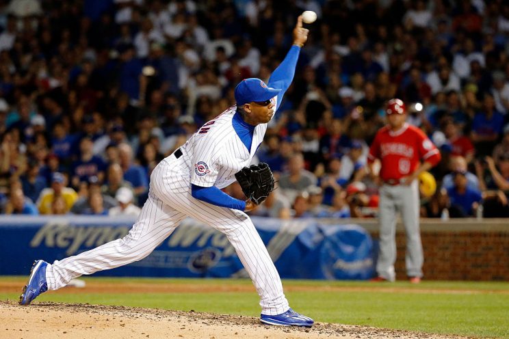 CHICAGO, IL - AUGUST 10: Aroldis Chapman #54 of the Chicago Cubs pitches against the Los Angeles Angels of Anaheim during the ninth inning at Wrigley Field on August 10, 2016 in Chicago, Illinois. The Chicago Cubs won 3-1. (Photo by Jon Durr/Getty Images)