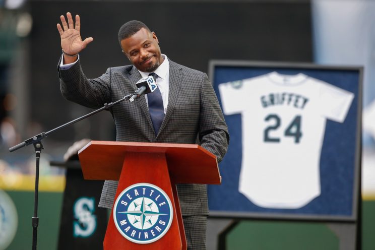 Ken Griffey Jr. gets his number retired by the Mariners. (Getty Images/Otto Greule Jr.)