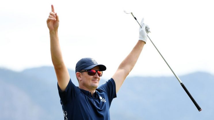 Justin Rose celebrates an ace at the 2016 Olympics. 