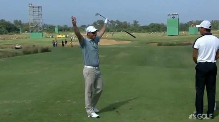 Jaco Van Zyl celebrates an ace at the Olympic golf tournament.