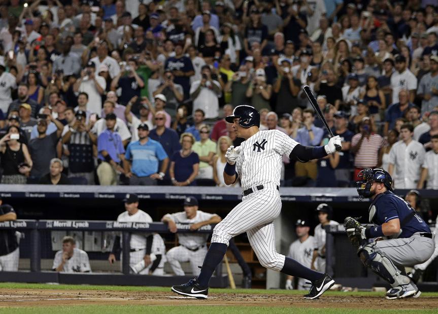 Alex Rodriguez smokes an RBI double to tie the game 1-1 in the first inning. (AP)