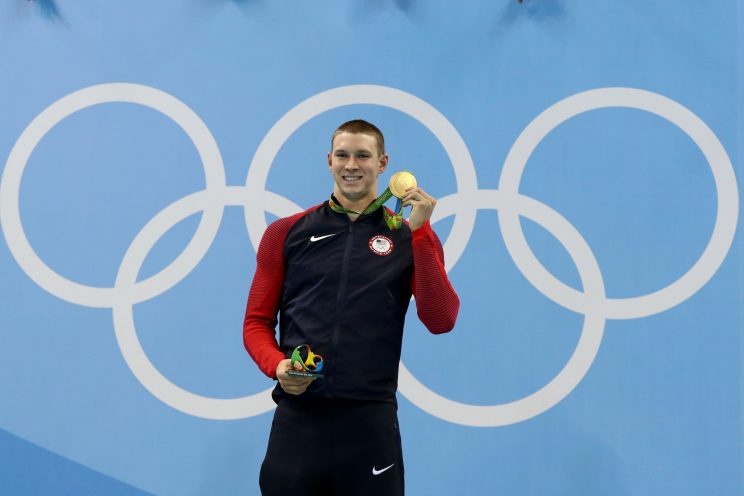 AUGUST 08: Gold medalist Ryan Murphy of the United States poses during the medal ceremony for the Men's 100m Backstroke Final on Day 3 of the Rio 2016 Olympic Games at the Olympic Aquatics Stadium on August 8, 2016 in Rio de Janeiro, Brazil. (Getty)