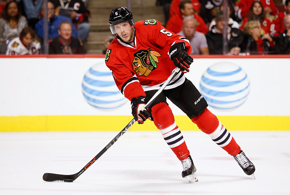 CHICAGO, IL - OCTOBER 07: David Rundblad #5 of the Chicago Blackhawks plays in the game against the New York Rangers at the United Center on October 7, 2015 in Chicago, Illinois. (Photo by Steve Woltmann/NHLI via Getty Images)