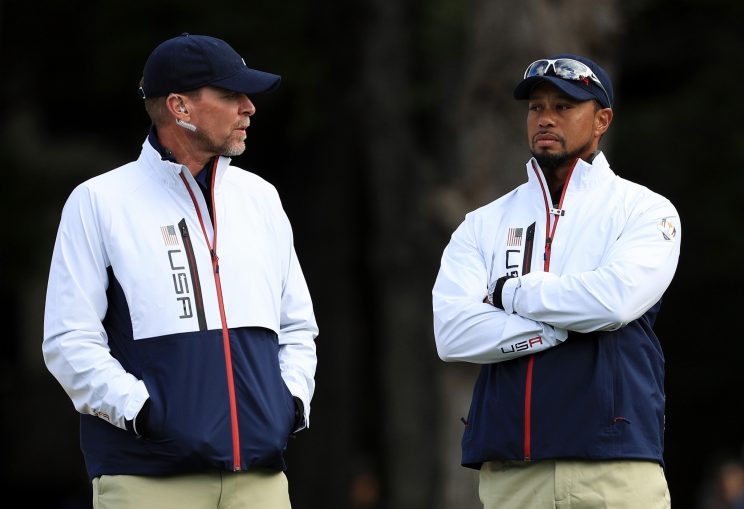 Tiger Woods and Steve Stricker at the Ryder Cup. (Getty Images)