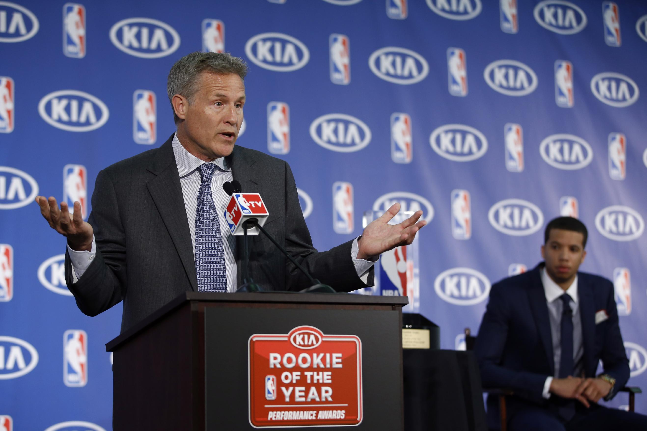 Not even 76ers coach Brett Brown knows what's in store for his encore campaign. (AP Photo)