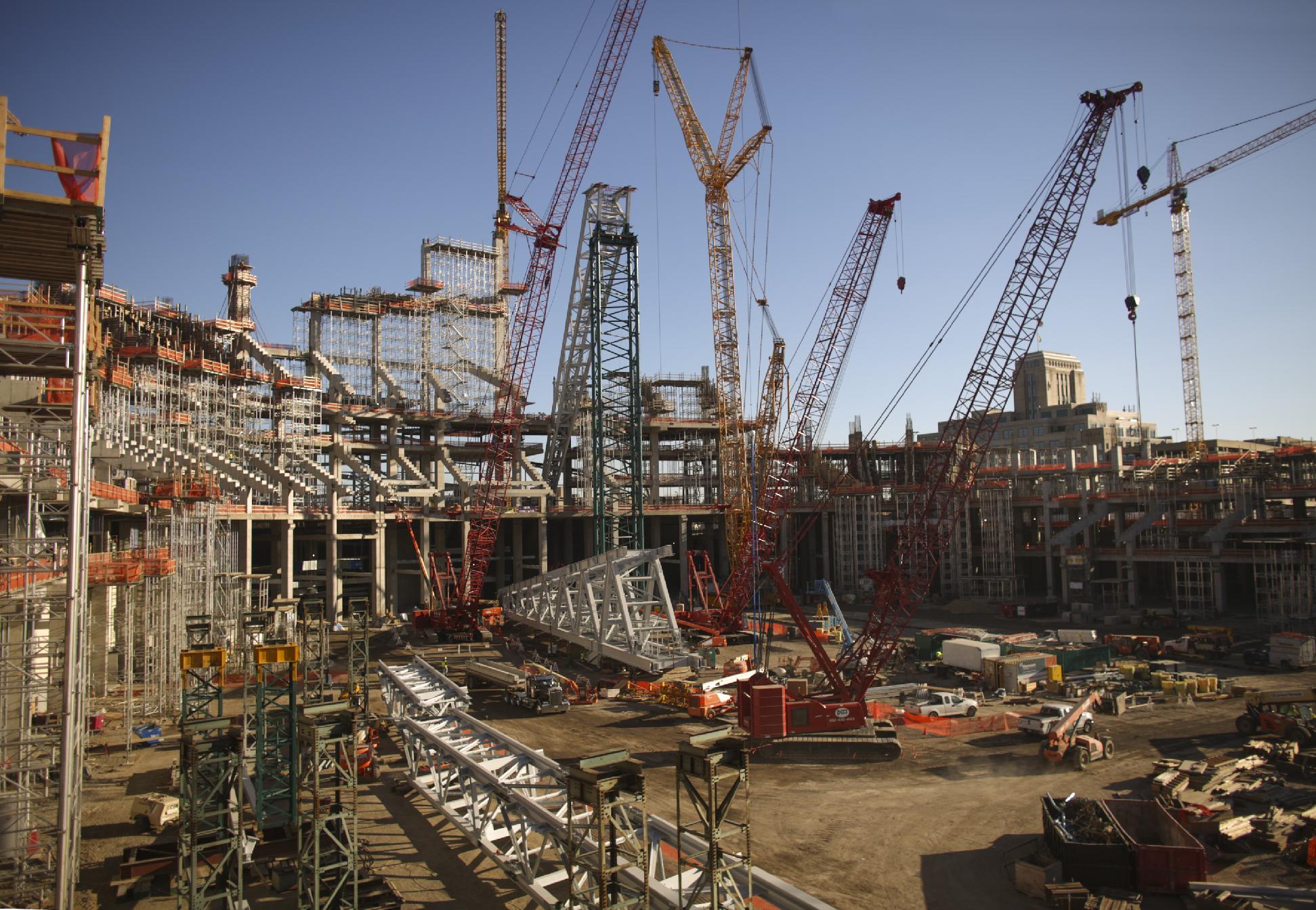 An overall view of the construction progress on the interior of the new Vikings stadium Monday, Oct. 20, 2014. Nine months after the old Metrodome was demolished, officials say the new stadium is 23 percent complete as of the end of September. (AP Photo/The Star Tribune, Jeff Wheeler)
