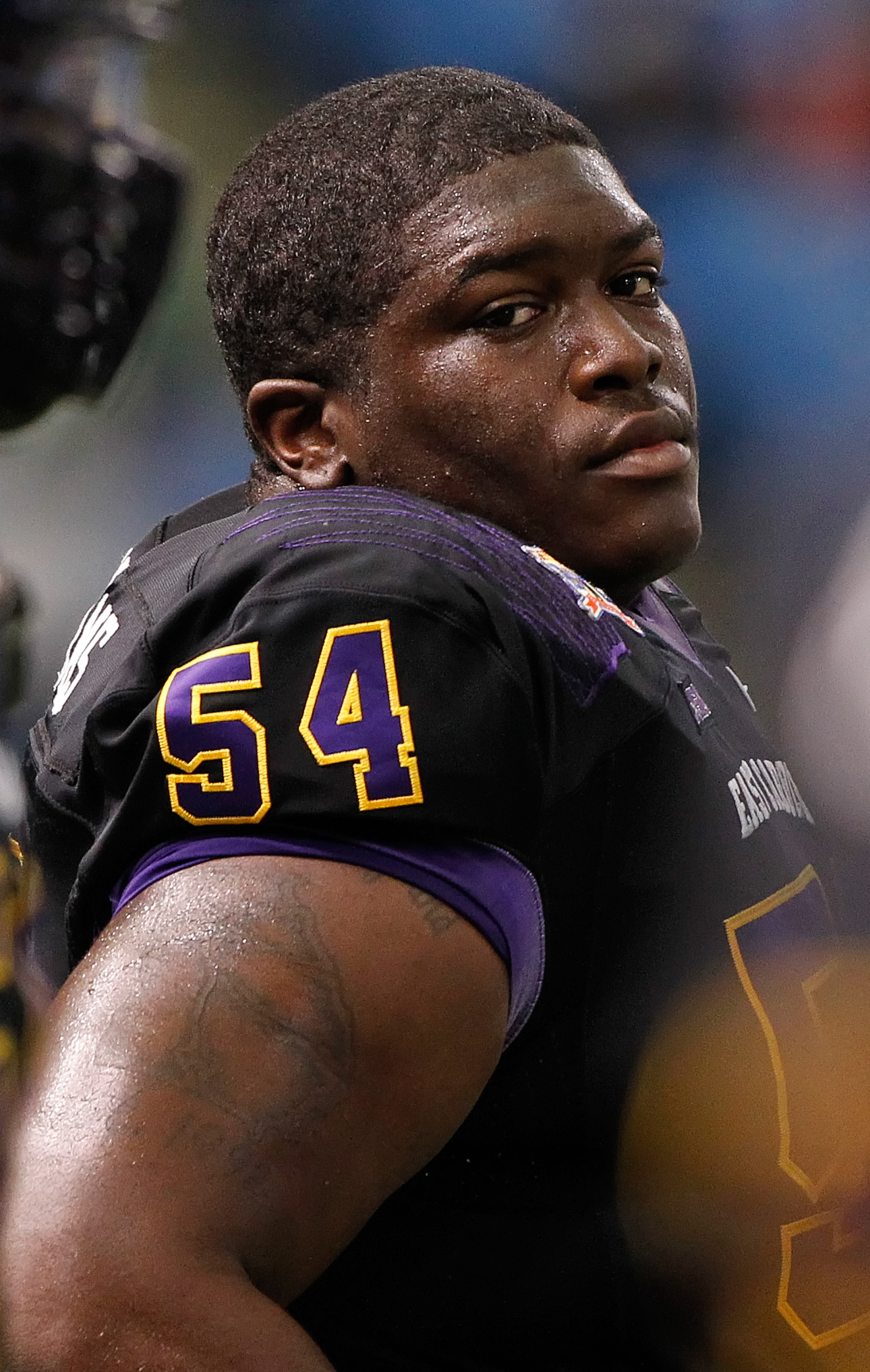 Dec 23, 2013; St. Petersburg, FL, USA; East Carolina Pirates nose tackle Terry Williams (54) against the Ohio Bobcats works out prior to the game during the 2013 Beef O Bradys Bowl at Tropicana Field. (Kim Klement-USA TODAY Sports)