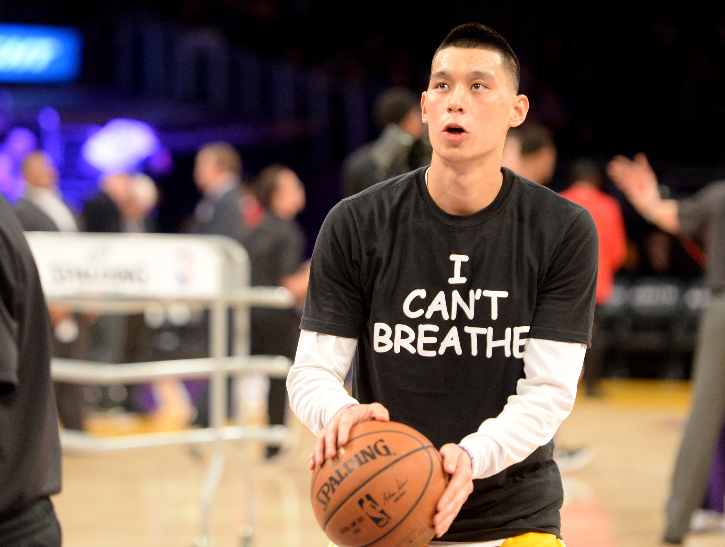 Dec 9, 2014; Los Angeles, CA, USA; Los Angeles Lakers guard Jeremy Lin (17) wears a t-shirt during warm ups before the game against the Sacramento Kings to show support for the family of Eric Garner at Staples Center. (Jayne Kamin-Oncea-USA TODAY Sports)