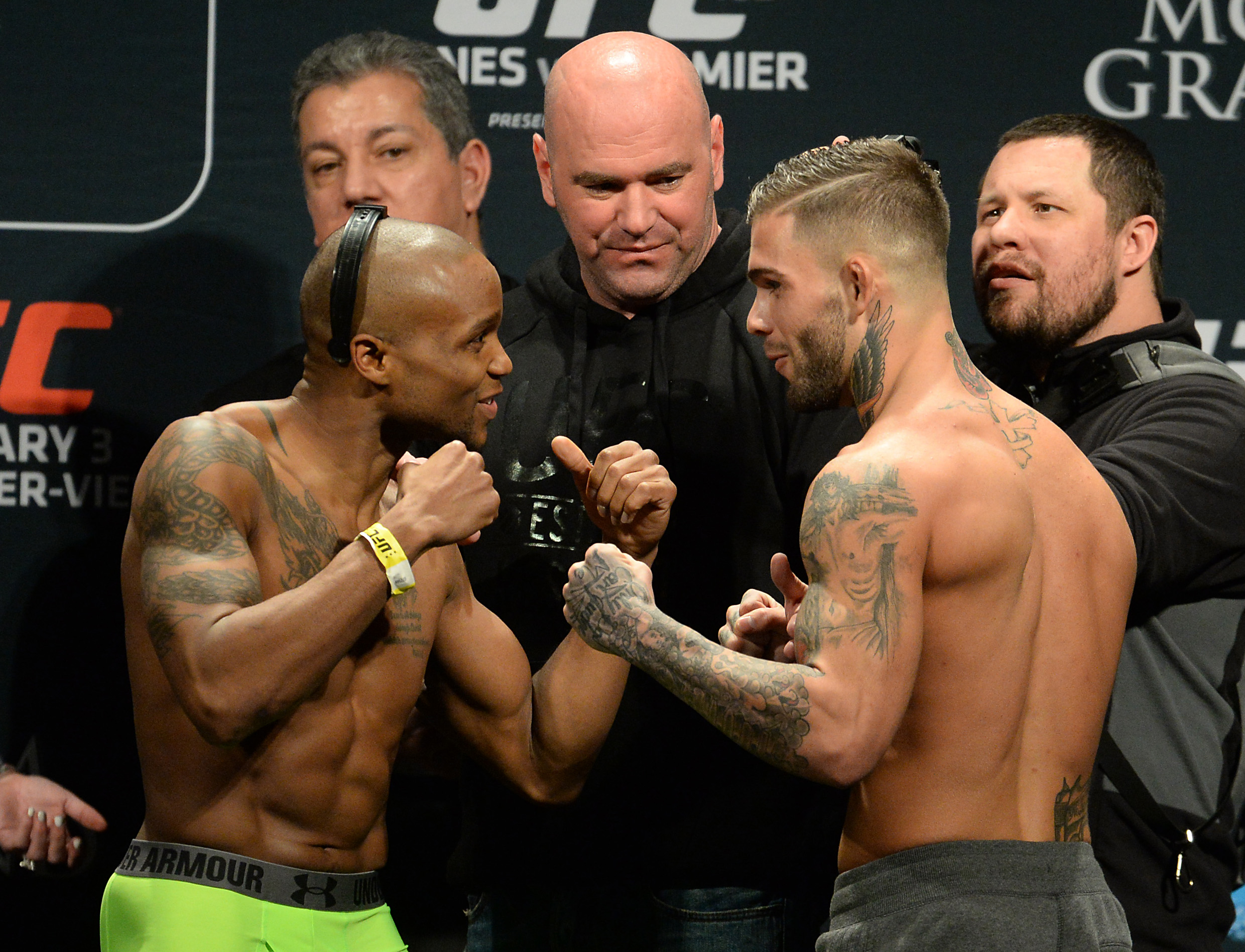 Dana White looks on as Marcus Brimage and Cody Garbrandt face off during the weigh in for their bantamweight bout. (USA TODAY Sports)