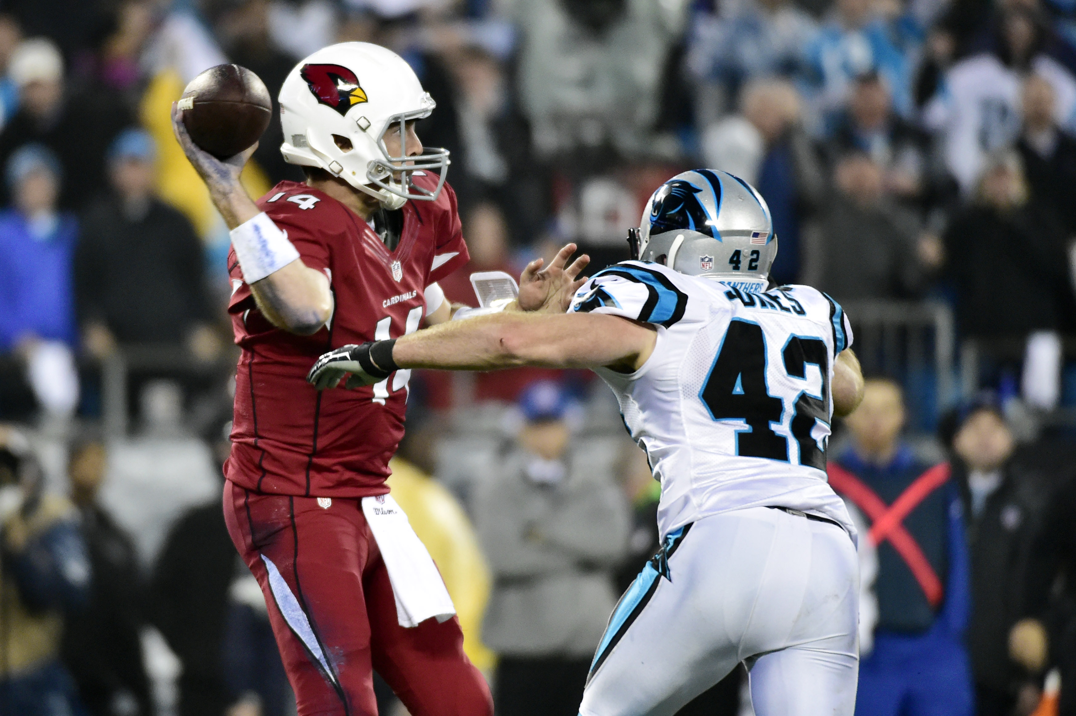 Ryan Lindley was pressured throughout, sacked four times with two INTs. (USA TODAY Sports)