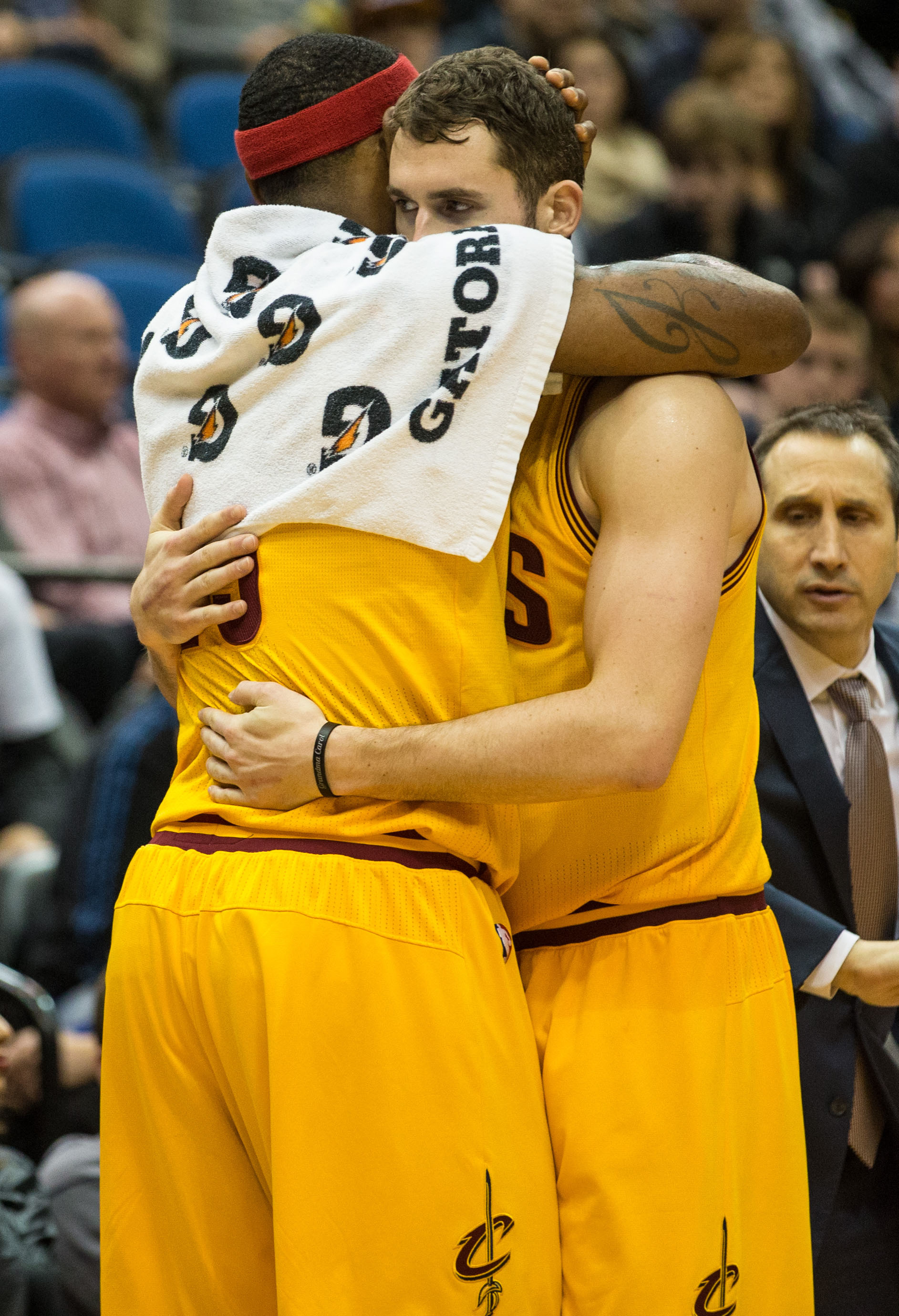 Kevin Love and LeBron James show everyone that everything's fine. (Brace Hemmelgarn-USA TODAY Sports)