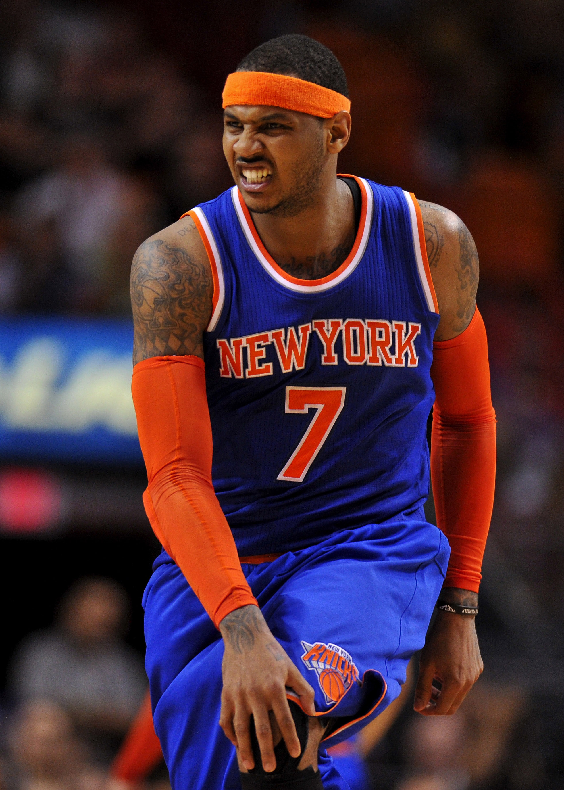 Melo reacts to an apparent injury on Monday. (Steve Mitchell-USA TODAY Sports)