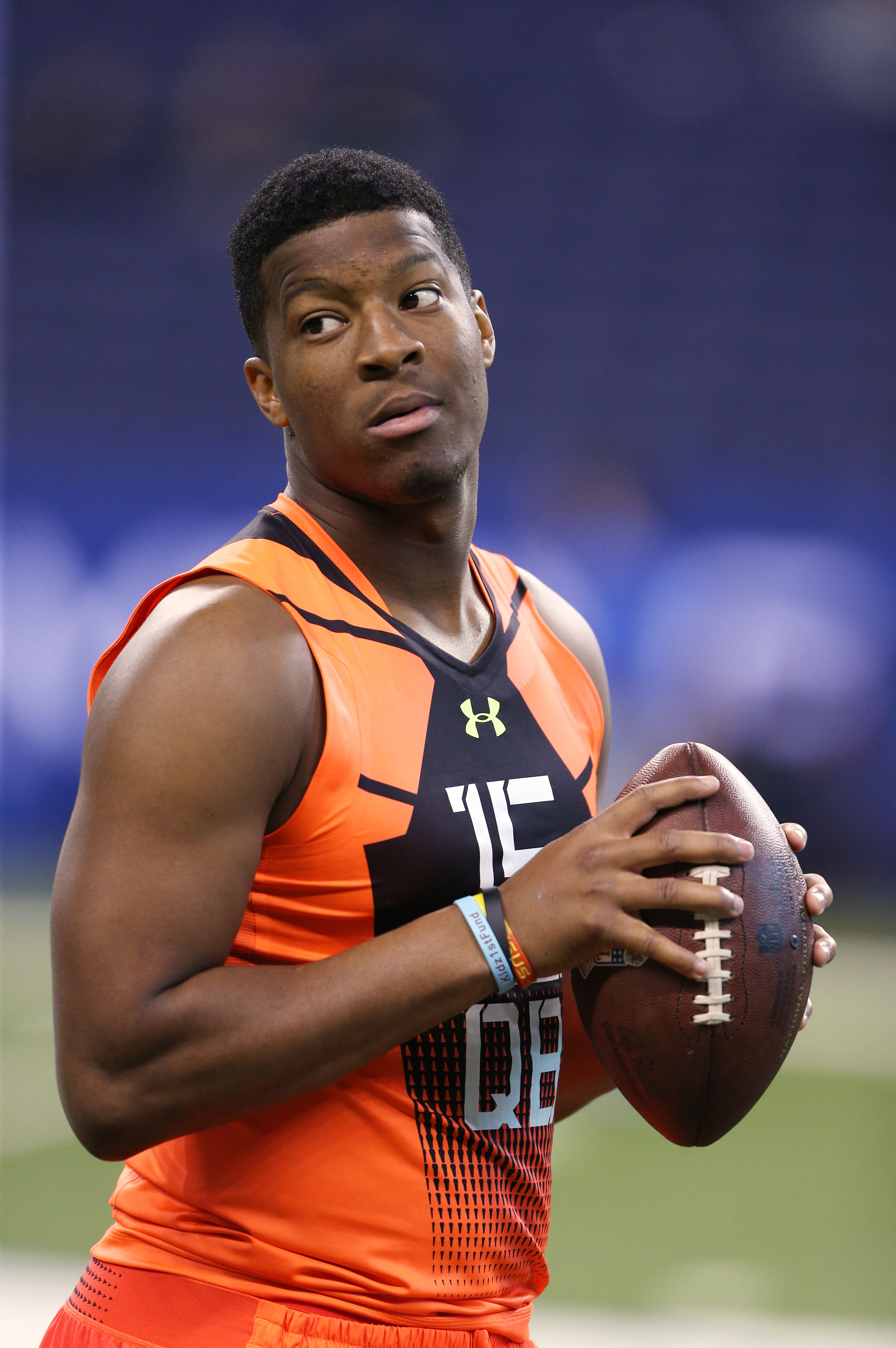 Feb 21, 2015; Indianapolis, IN, USA; Florida State Seminoles quarterback Jameis Winston throws a pass during the 2015 NFL Combine at Lucas Oil Stadium. (Brian Spurlock-USA TODAY Sports)
