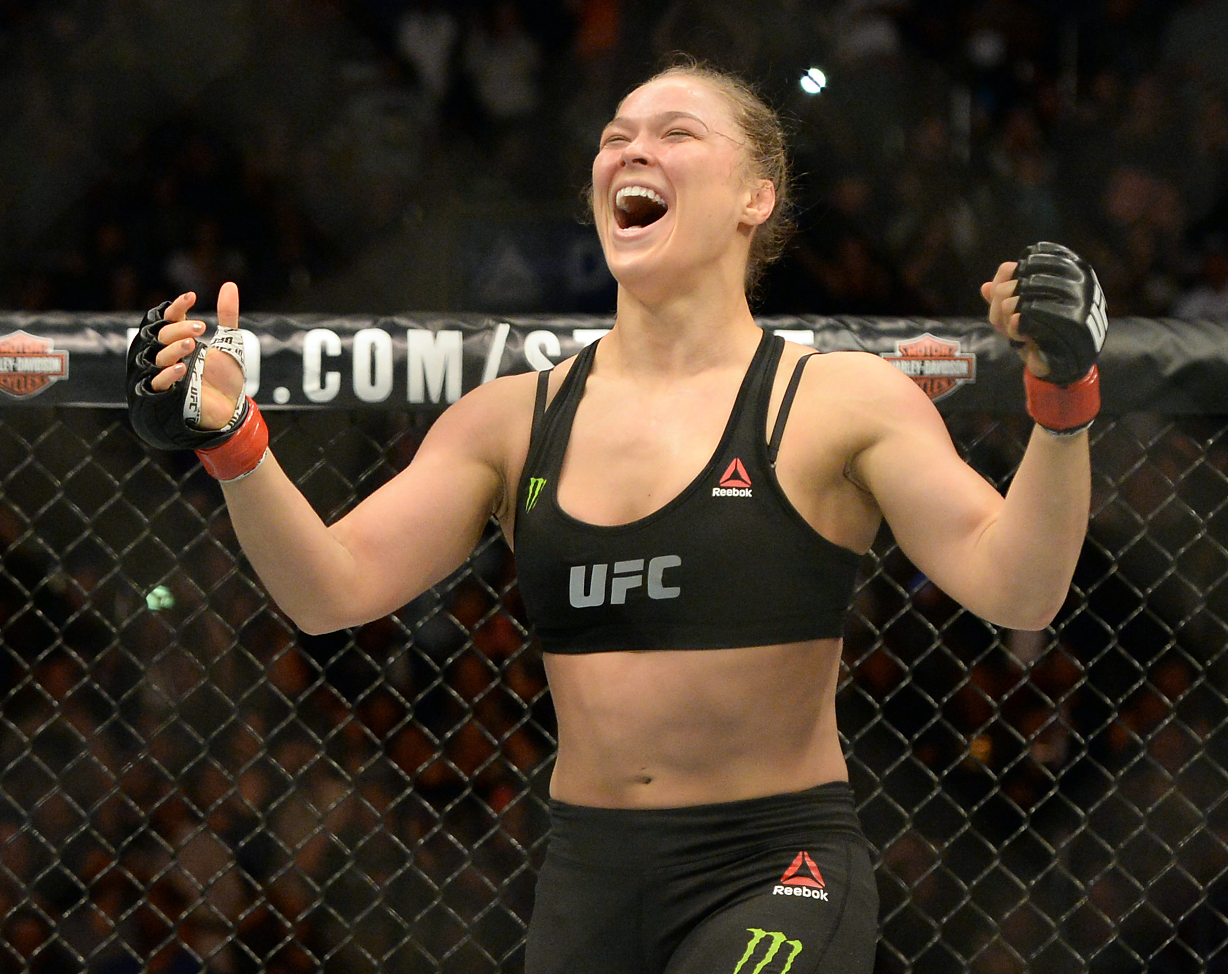 Ronda Rousey reacts after defeating Cat Zingano (not pictured) at UFC 184. (USAT)