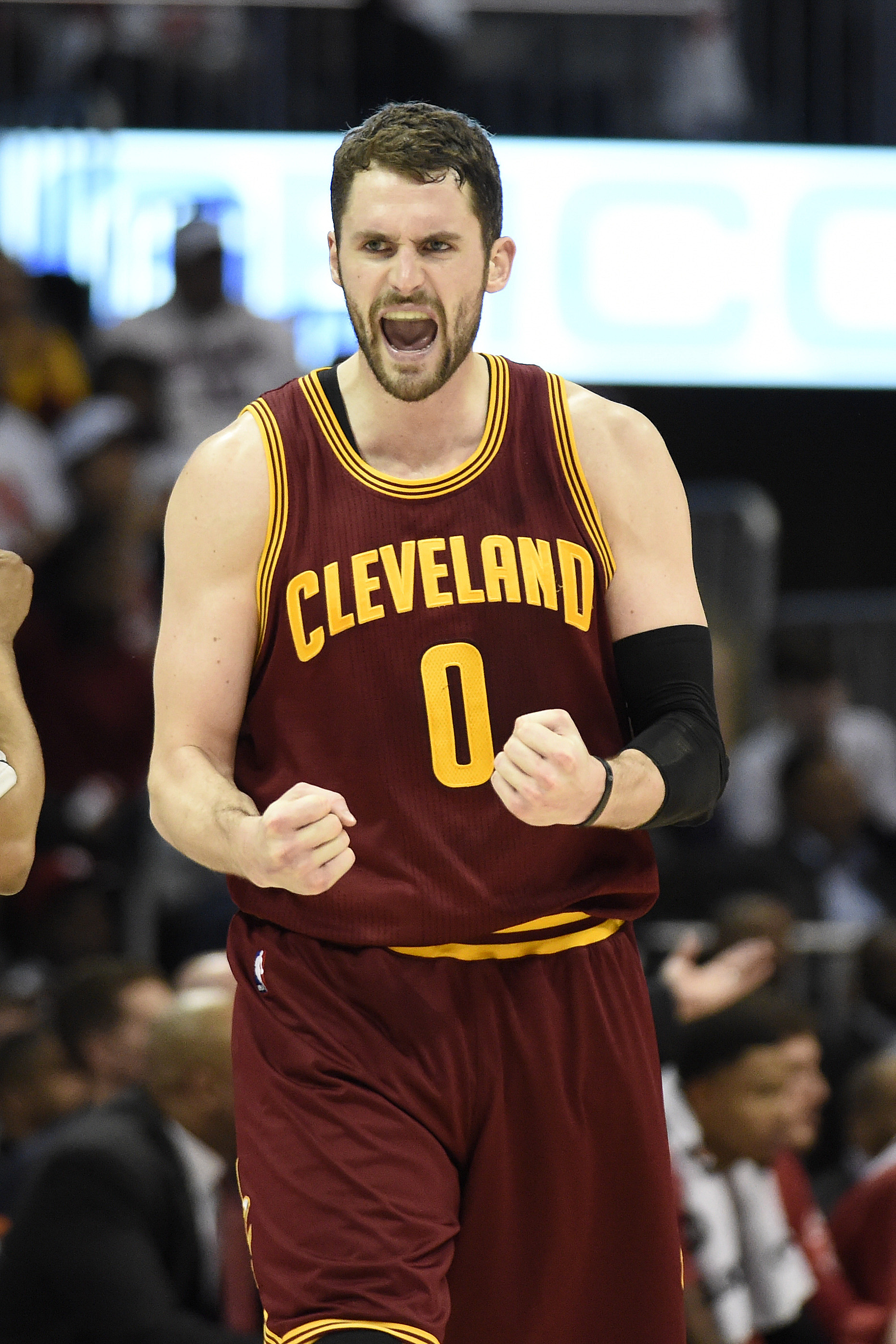 Mar 6, 2015; Atlanta, GA, USA; Cleveland Cavaliers forward Kevin Love (0) reacts from the court against the Atlanta Hawks during the second half at Philips Arena. The Hawks won 106-97. (Dale Zanine-USA TODAY Sports)