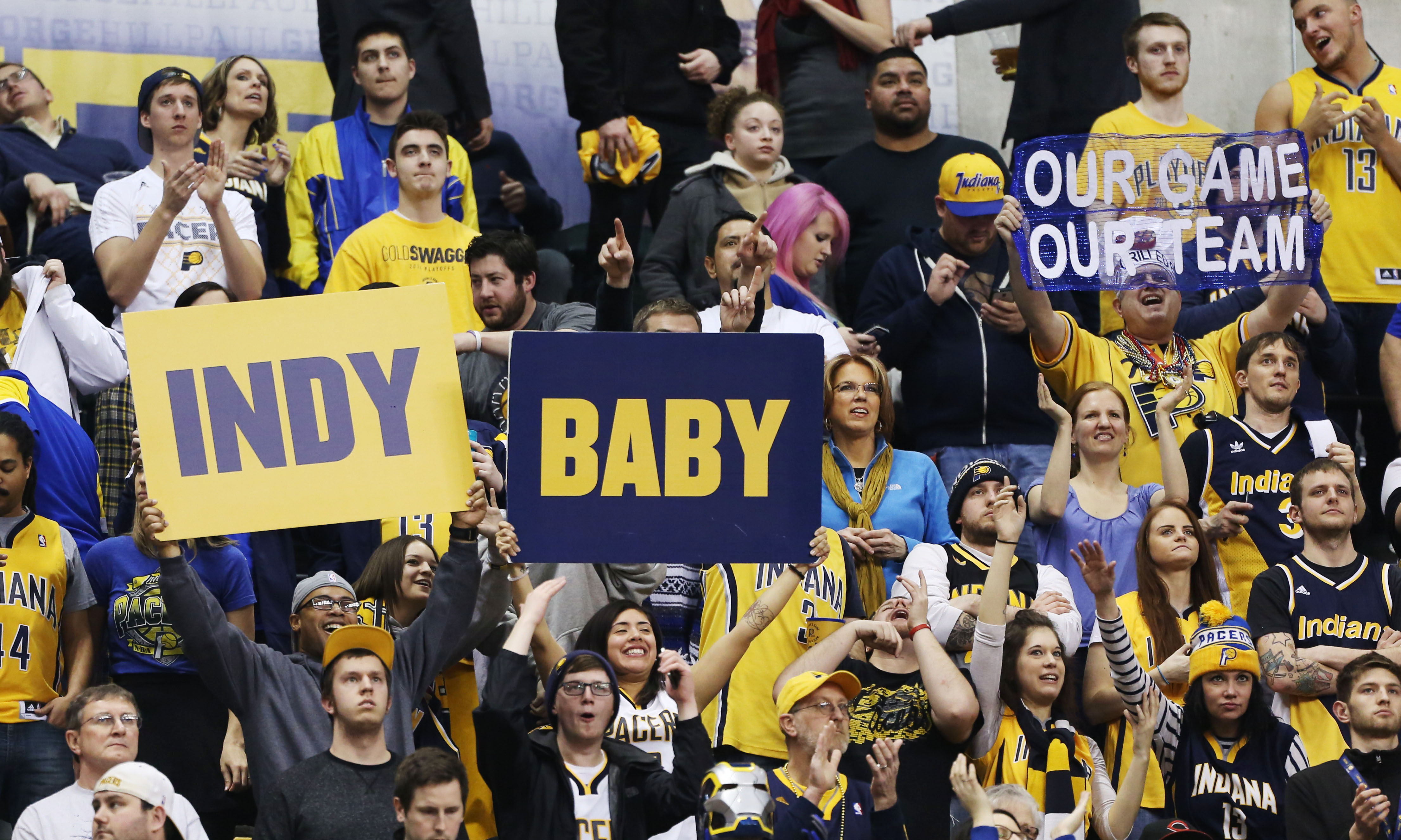 Mar 6, 2015; Indianapolis, IN, USA; Indiana Pacers fans celebrate the Pacers' victory during a game against the Chicago Bulls at Bankers Life Fieldhouse. Indiana defeats Chicago 98-84. (Brian Spurlock-USA TODAY Sports)