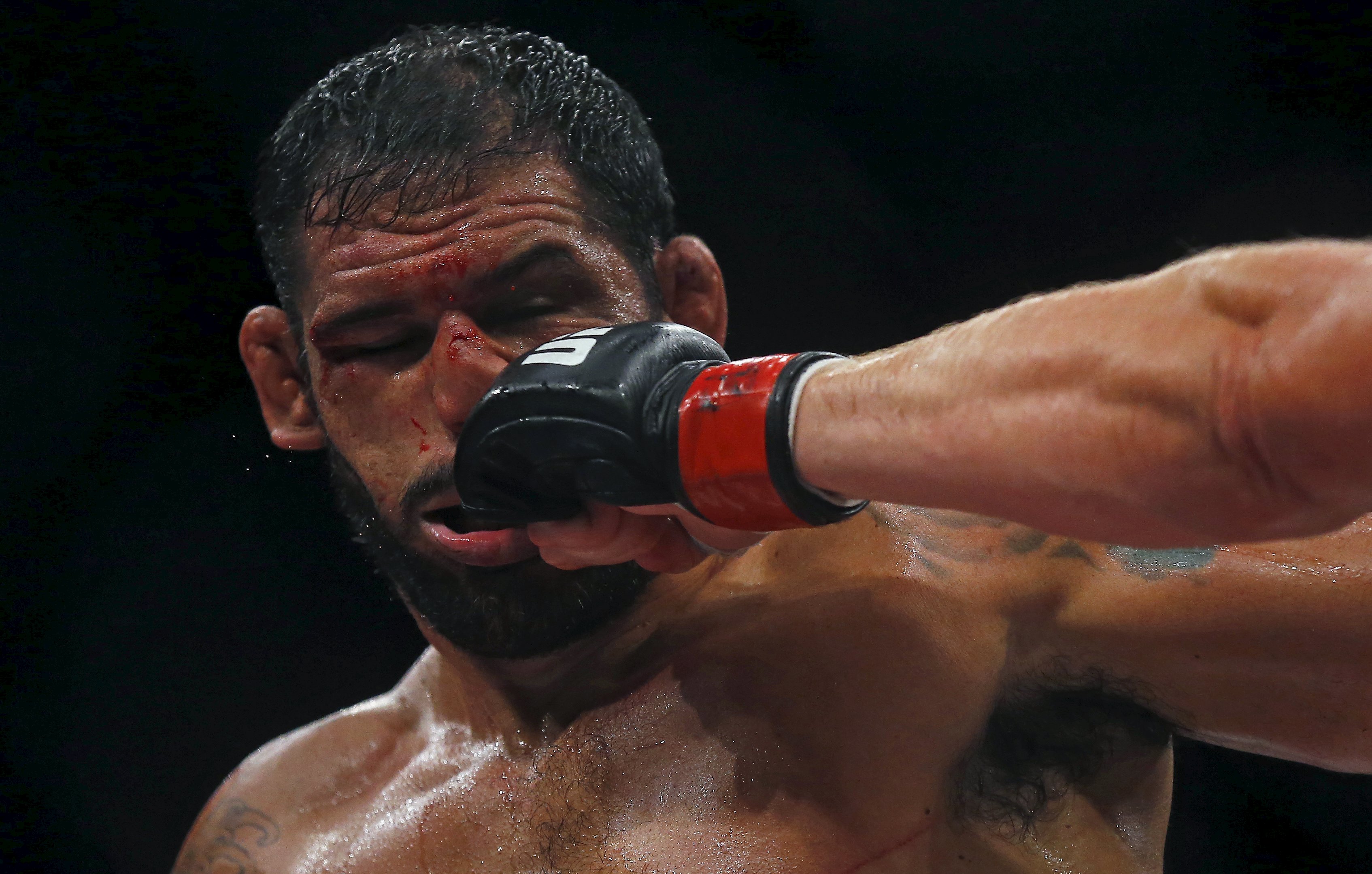 Minotauro Nogueira (L) of Brazil receives a punch during a fight against Stefan Struve. (Reuters)