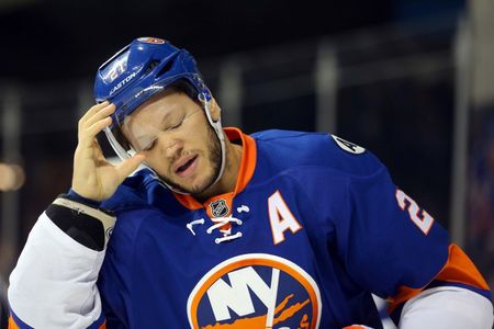 May 6, 2016; Brooklyn, NY, USA; New York Islanders right wing Kyle Okposo (21) reacts against the Tampa Bay Lightning during the second period of game four of the second round of the 2016 Stanley Cup Playoffs at Barclays Center. Mandatory Credit: Brad Penner-USA TODAY Sports