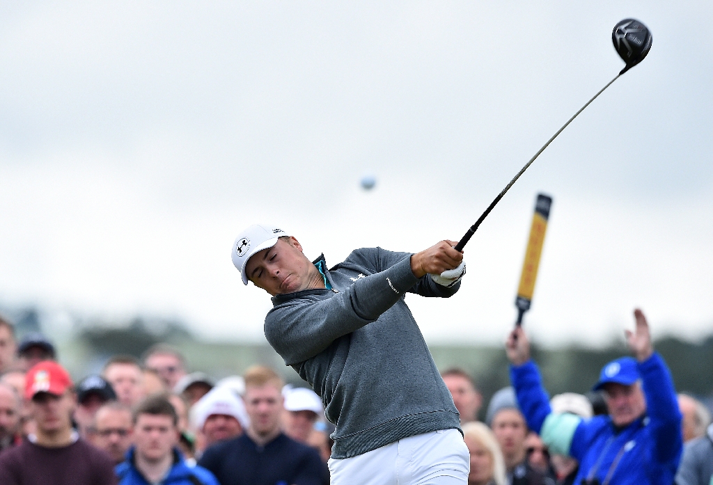 Jordan Spieth plays from the 4th tee during the first round on the British Open. (AFP)