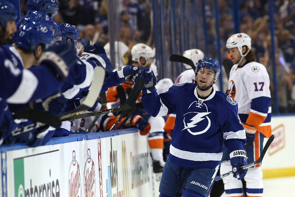 Tyler Johnson of the Tampa Bay Lightning celebrates his goal against the New York Islanders during game two of the Eastern Conference second round, on April 30, 2016 in Tampa (AFP Photo/Scott Iskowitz)