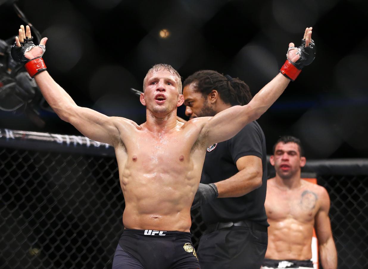 TJ Dillashaw celebrates after his second win over Renan Barao. (AP)