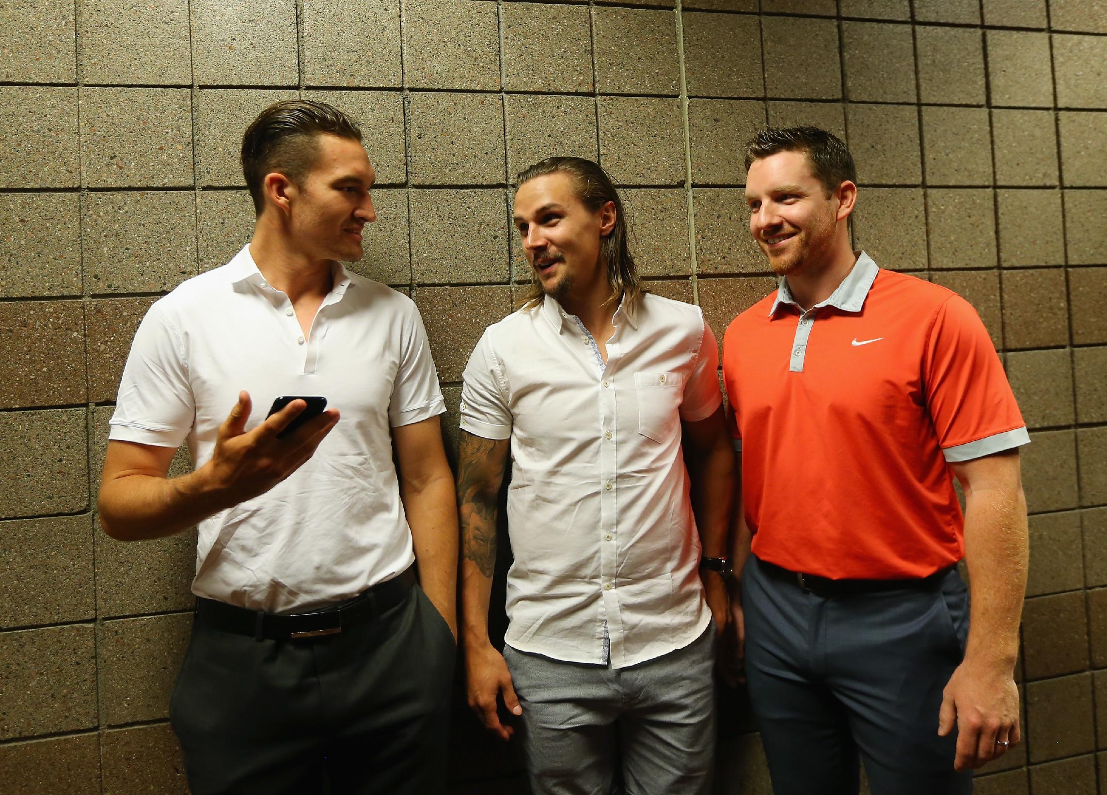 LAS VEGAS, NV - JUNE 23:  (l-r) Mark Stone, Erik Karlsson  and Andrew Hammond of the Ottawa Senators attend the 2015 NHL Awards nominee media availability at MGM Grand Arena on June 23, 2015 in Las Vegas, Nevada.  (Photo by Bruce Bennett/Getty Images)