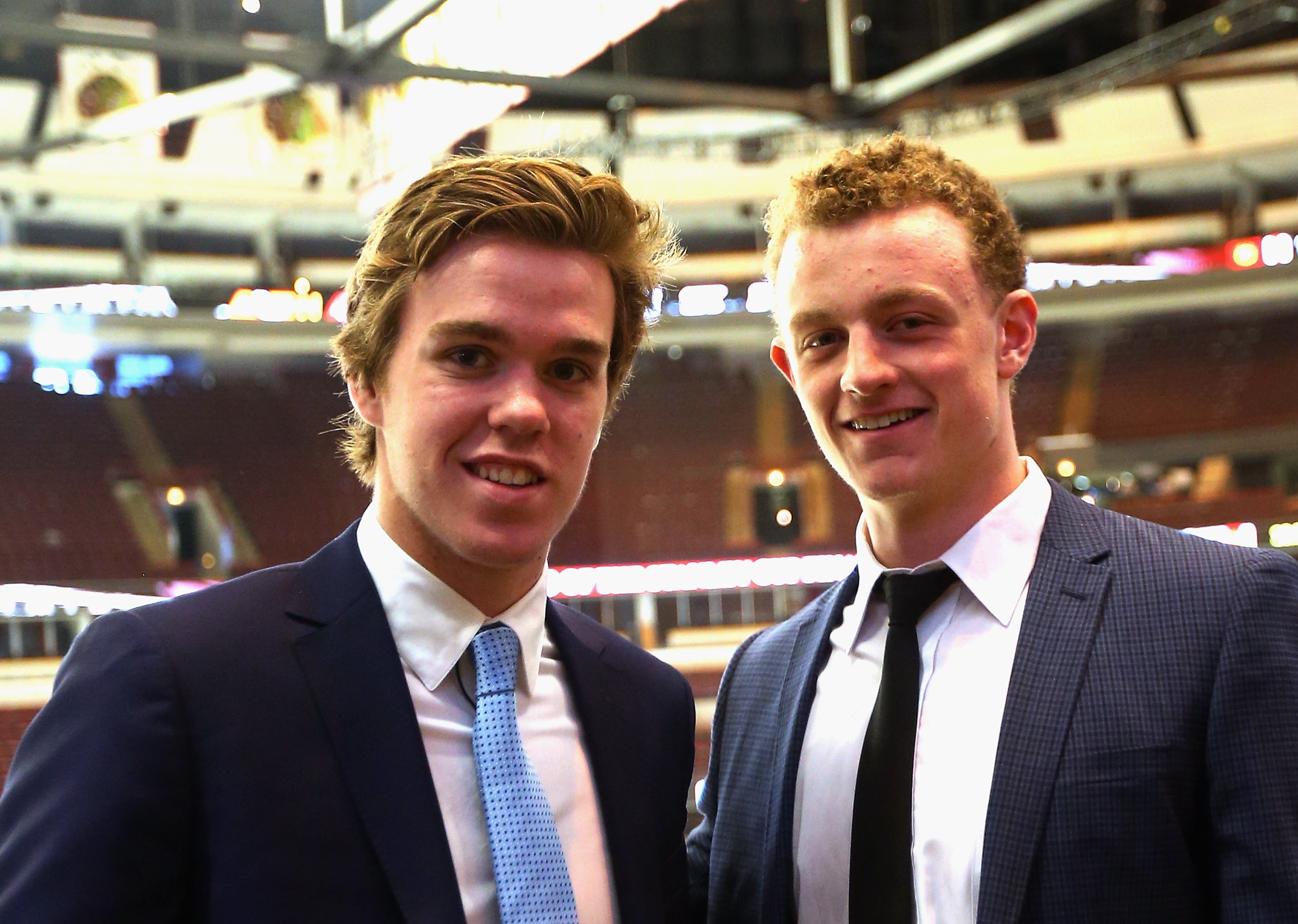 CHICAGO, IL - JUNE 08:  Upcoming NHL draft picks Connor McDavid (l) and Jack Eichel (r) take part in a  media availability at United Center on June 8, 2015 in Chicago, Illinois.  (Photo by Bruce Bennett/Getty Images)