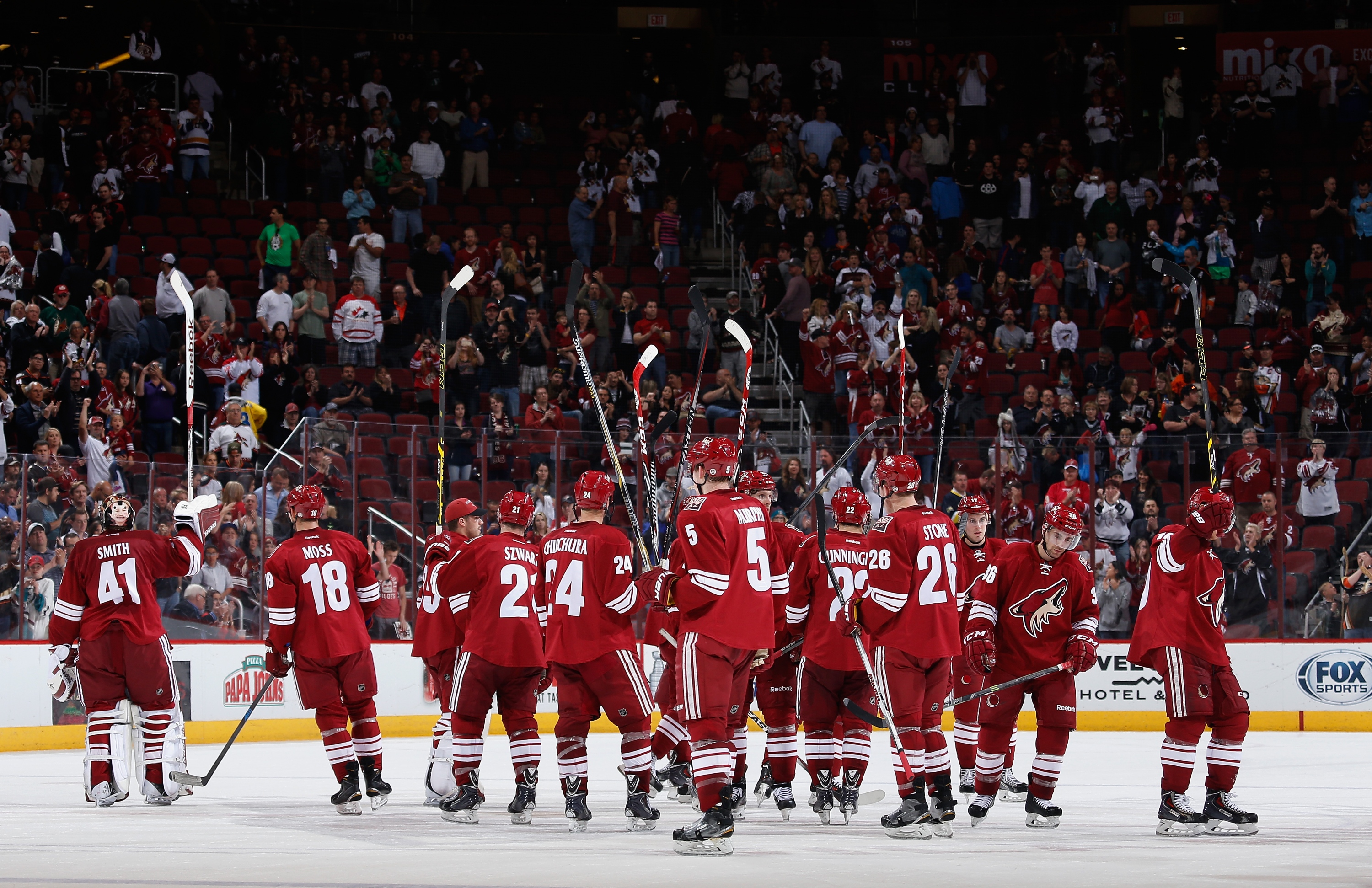 GLENDALE, AZ - APRIL 11:  The Arizona Coyotes salute the fans following the NHL game against the Anaheim Ducks at Gila River Arena on April 11, 2015 in Glendale, Arizona. The Ducks defeated the Coyotes 2-1.  (Photo by Christian Petersen/Getty Images)