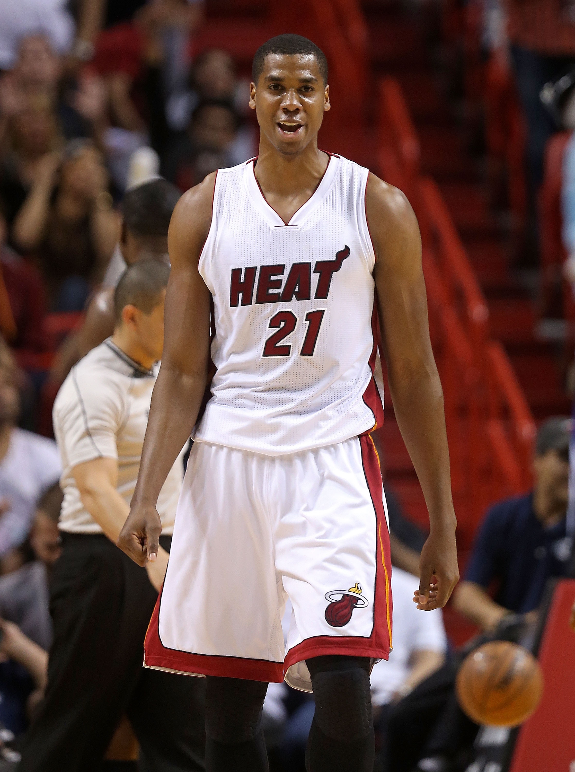 MIAMI, FL - FEBRUARY 28:  Hassan Whiteside #21 of the Miami Heat reacts to  a play during a game against the Atlanta Hawks at American Airlines Arena on February 28, 2015 in Miami, Florida. NOTE TO USER: User expressly acknowledges and agrees that, by downloading and/or using this photograph, user is consenting to the terms and conditions of the Getty Images License Agreement. Mandatory copyright notice:  (Photo by Mike Ehrmann/Getty Images)
