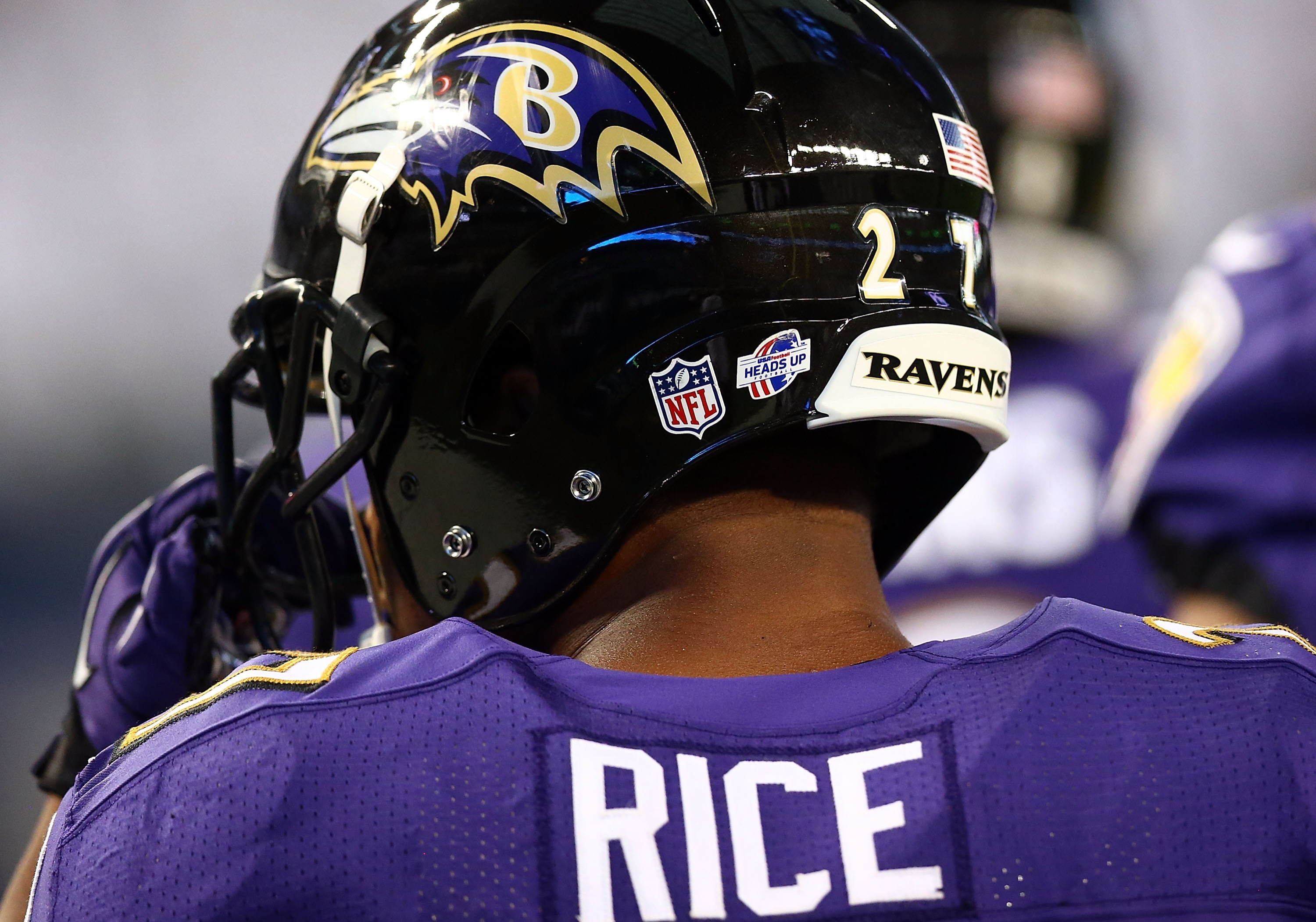 ARLINGTON, TX - AUGUST 16: Ray Rice #27 of the Baltimore Ravens sits on the bench against the Dallas Cowboys in the first half of their preseason game at AT&T Stadium on August 16, 2014 in Arlington, Texas. (Photo by Ronald Martinez/Getty Images)