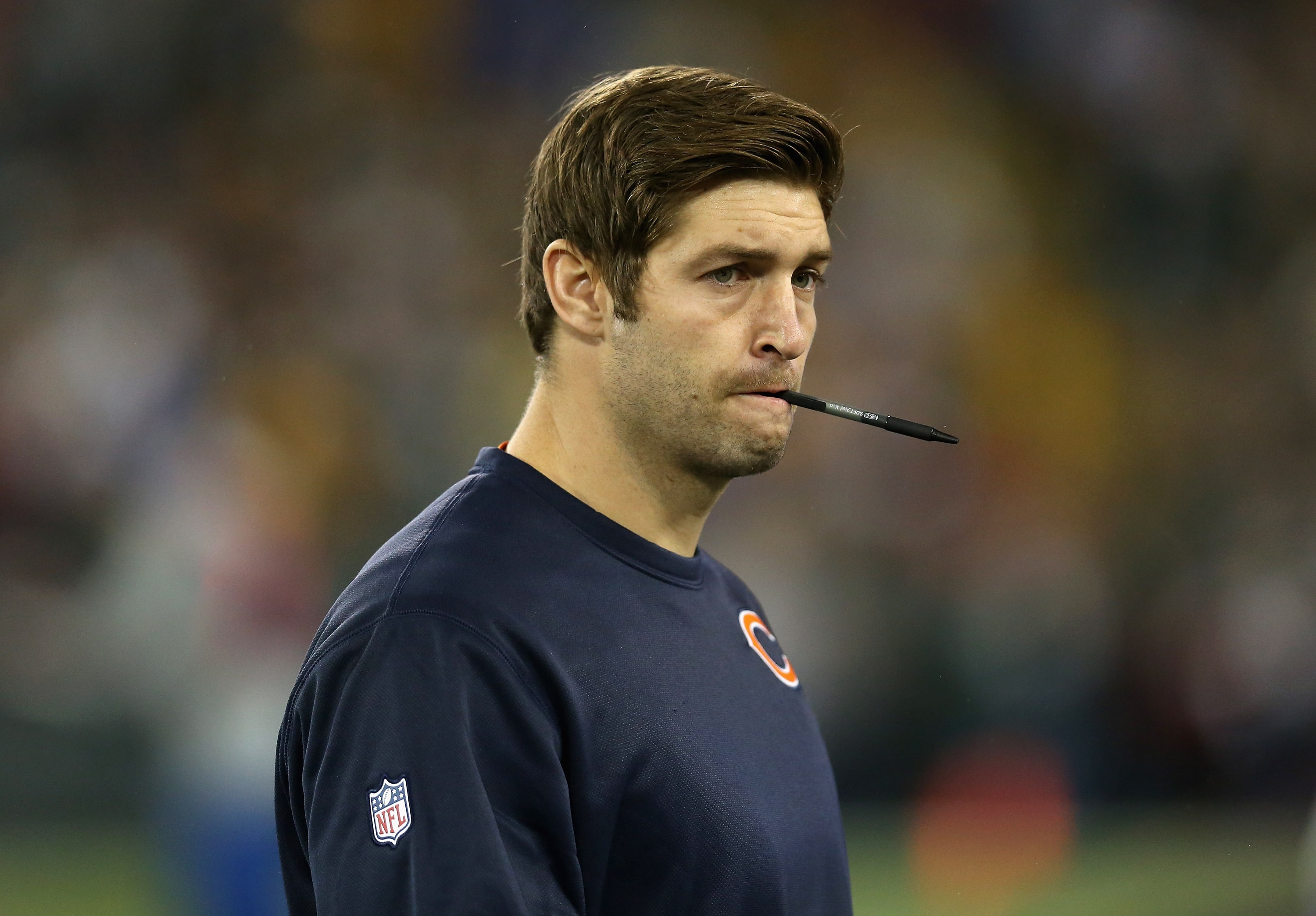 Jay Cutler chews on a pen (Photo by Jonathan Daniel/Getty Images)