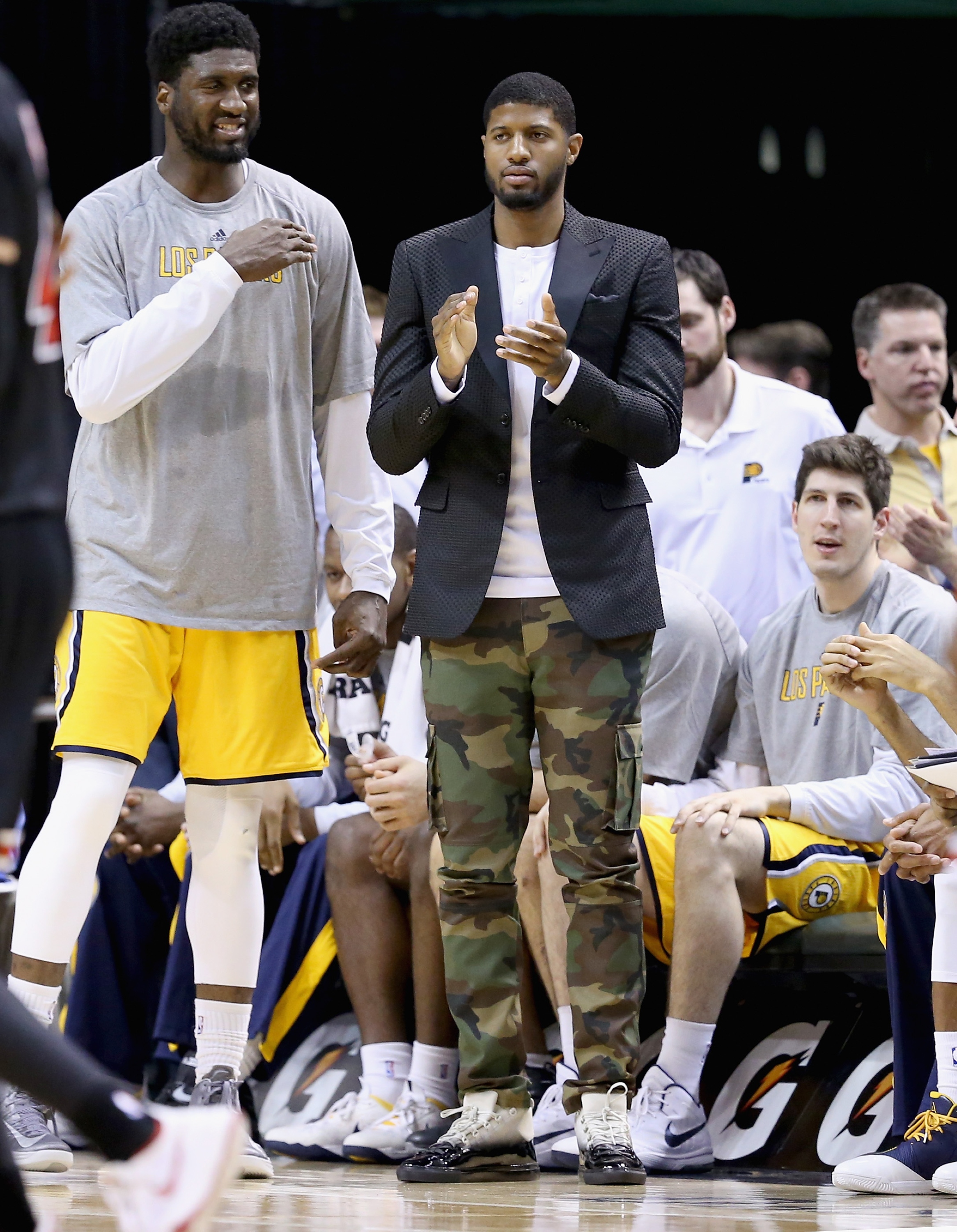Paul George applauds his team's effort. (Photo by Andy Lyons/Getty Images)