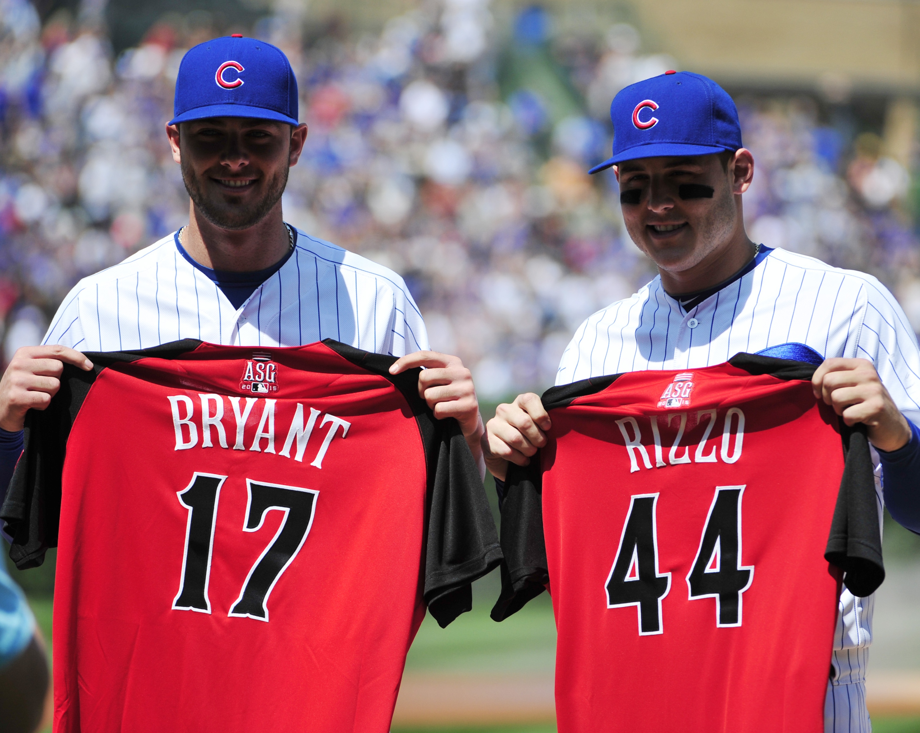 CHICAGO, IL - JULY 10: Kris Bryant #17 of the Chicago Cubs and Anthony Rizzo #44 pose for a photo with their All Star jersey's before the game against the Chicago White Sox on July 10, 2015 at  Wrigley Field in Chicago, Illinois. (Photo by David Banks/Getty Images)