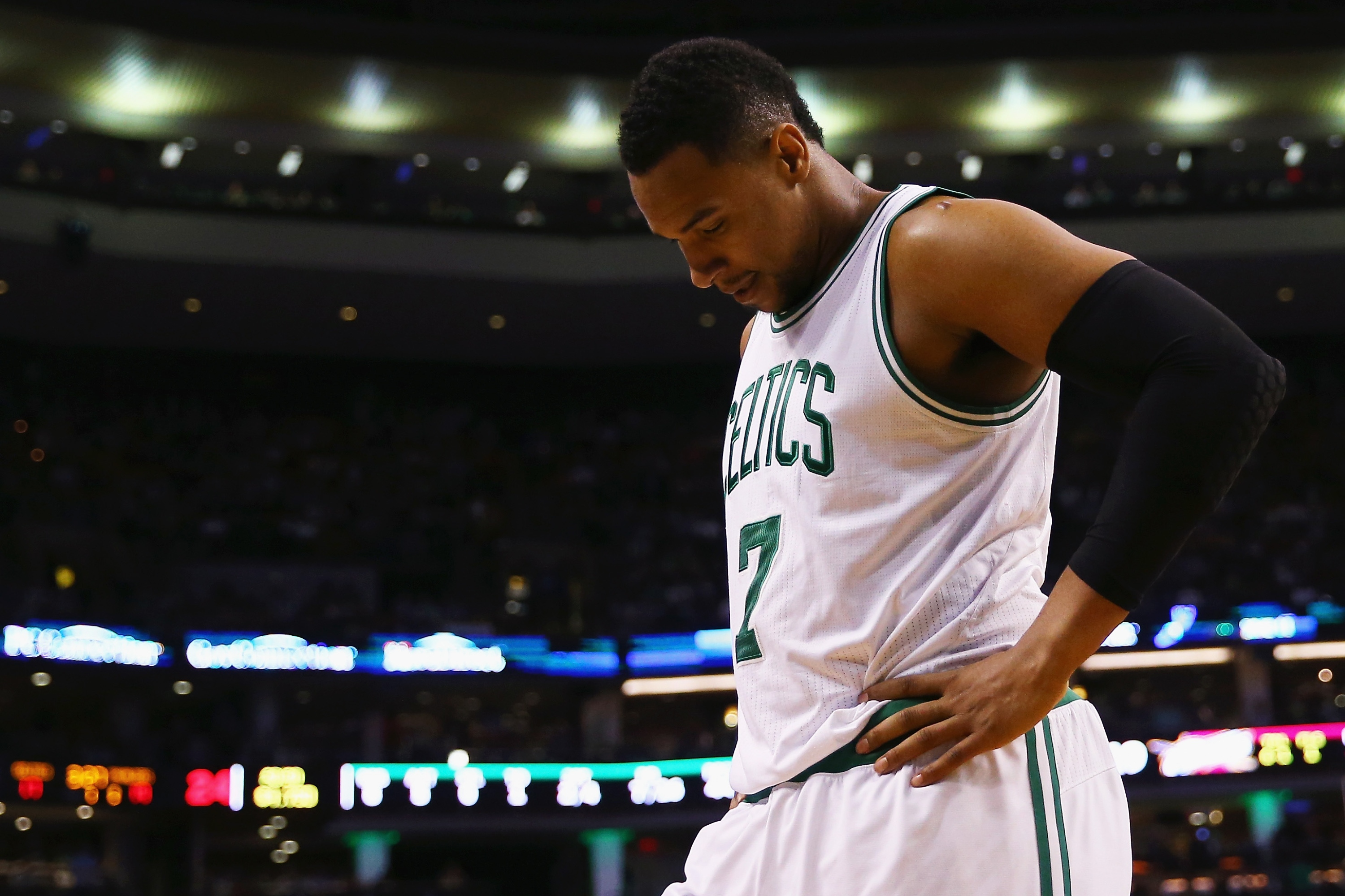 BOSTON, MA - APRIL 23:  Jared Sullinger #7 of the Boston Celtics looks on during the first quarter against the Cleveland Cavaliers in the first round of the 2015 NBA Playoffs at TD Garden on April 23, 2015 in Boston, Massachusetts. NOTE TO USER: User expressly acknowledges and agrees that, by downloading and/or using this photograph, user is consenting to the terms and conditions of the Getty Images License Agreement.  (Photo by Maddie Meyer/Getty Images)