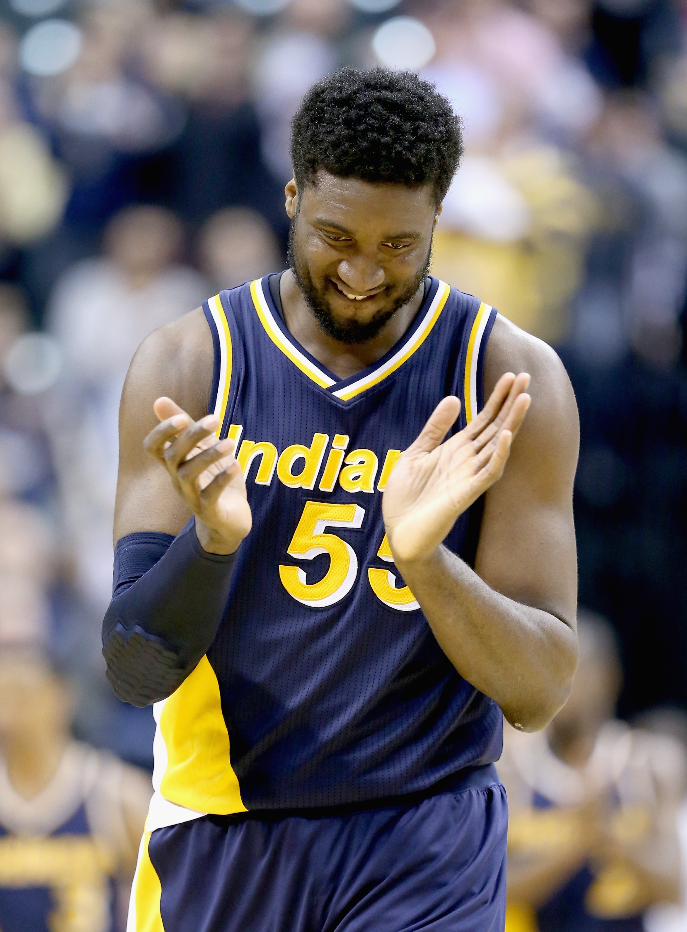 INDIANAPOLIS, IN - FEBRUARY 27:  Roy Hibbert #55 of the Indiana Pacers celebrates during the game against the Cleveland Cavaliers on February 27, 2015 in Indianapolis, Indiana.   NOTE TO USER: User expressly acknowledges and agrees that, by downloading and or using this Photograph, user is consenting to the terms and conditions of the Getty Images License Agreement.  (Photo by Andy Lyons/Getty Images)
