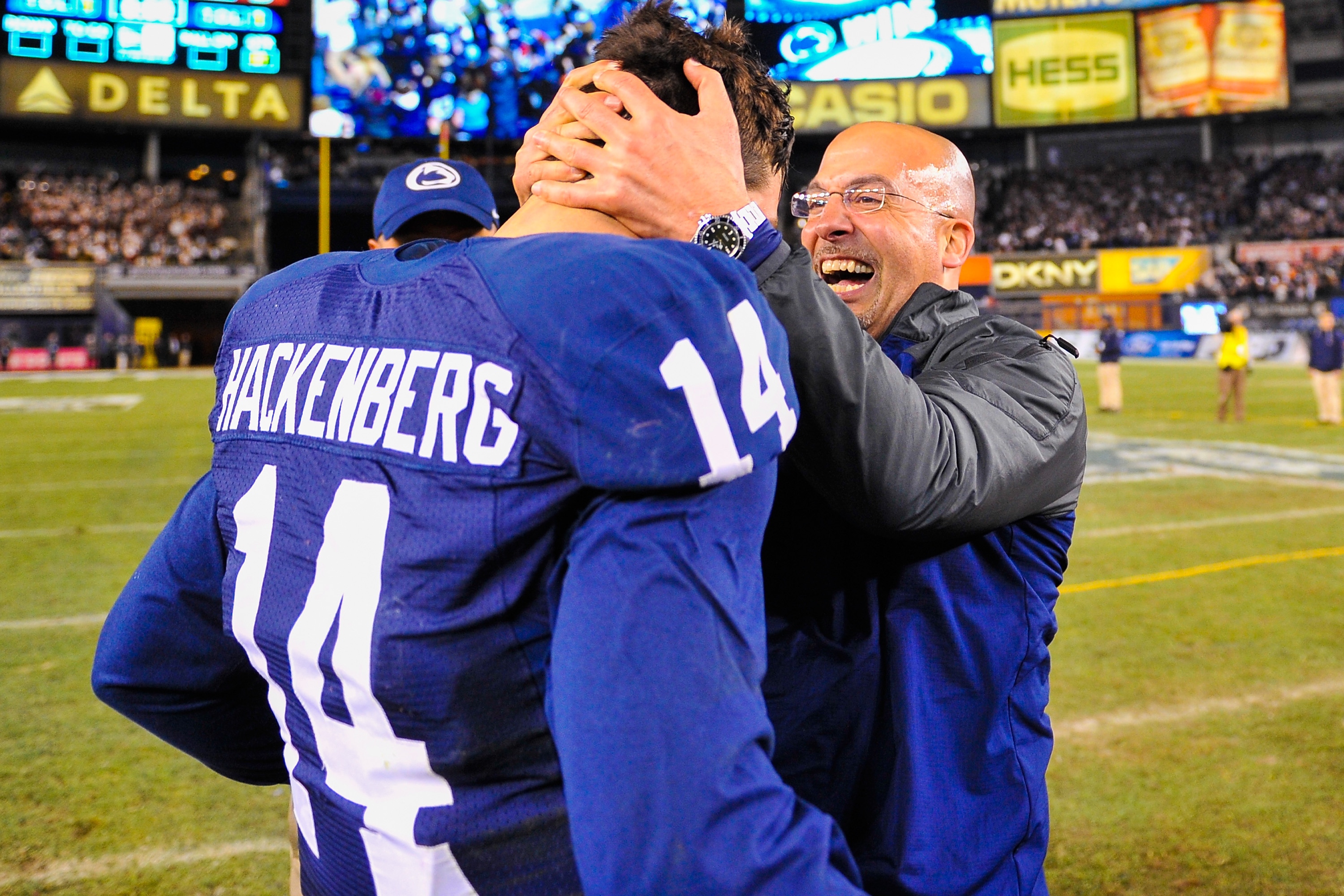 NEW YORK, NY - DECEMBER 27: Head coach James Franklin of the Penn State Nittany Lions celebrates with quaterback Christian Hackenberg #14 after defeating the Boston College Eagles in the 2014 New Era Pinstripe Bowl at Yankee Stadium on December 27, 2014 in the Bronx borough of New York City. (Photo by Alex Goodlett/Getty Images)