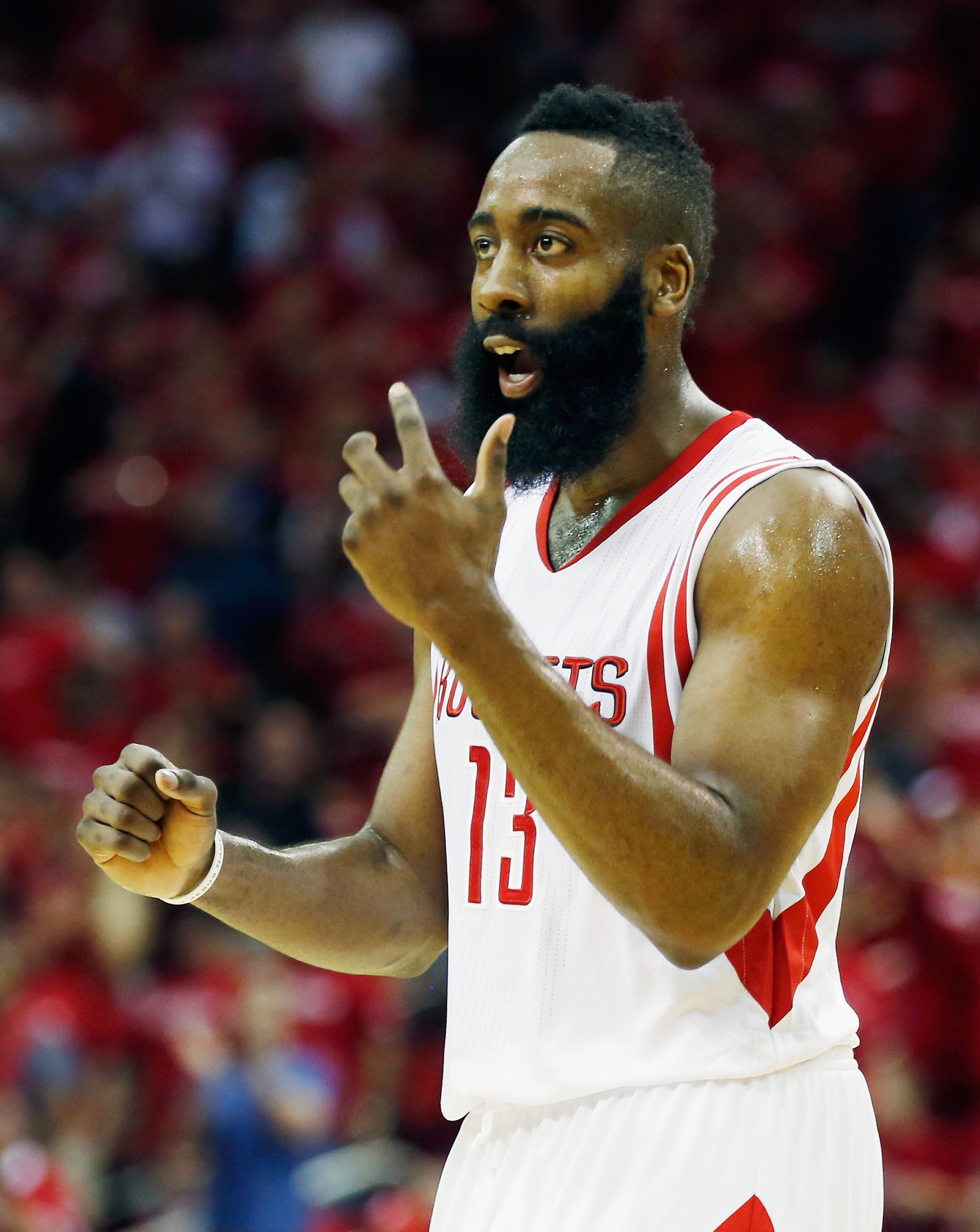 HOUSTON, TX - MAY 06: James Harden #13 of the Houston Rockets reacts to a play late in the second half against the Los Angeles Clippers during Game Two in the Western Conference Semifinals of the 2015 NBA Playoffs on May 6, 2015 at the Toyota Center in Houston, Texas. NOTE TO USER: User expressly acknowledges and agrees that, by downloading and/or using this photograph, user is consenting to the terms and conditions of the Getty Images License Agreement. (Photo by Scott Halleran/Getty Images)