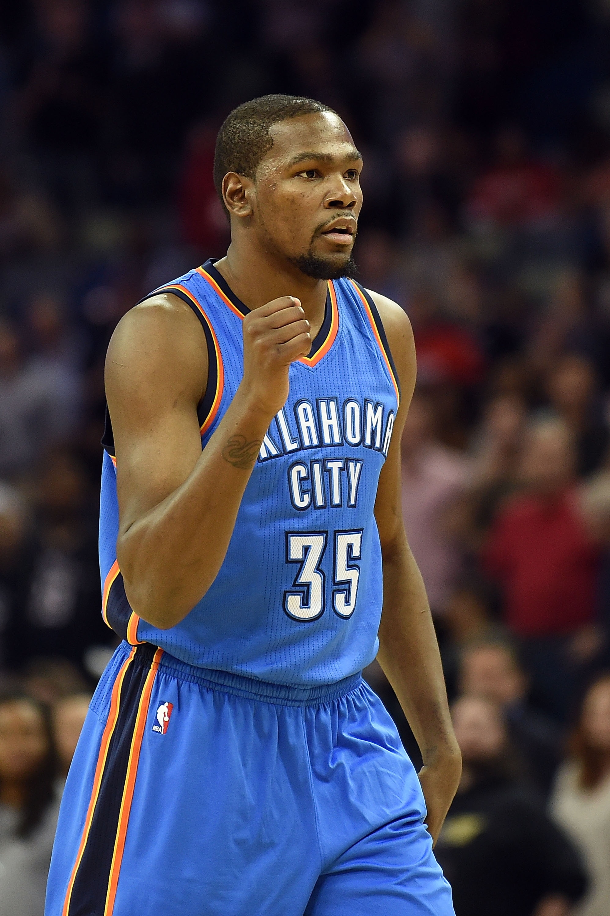 Kevin Durant seeks out an authoritative return. (Stacy Revere/Getty Images)