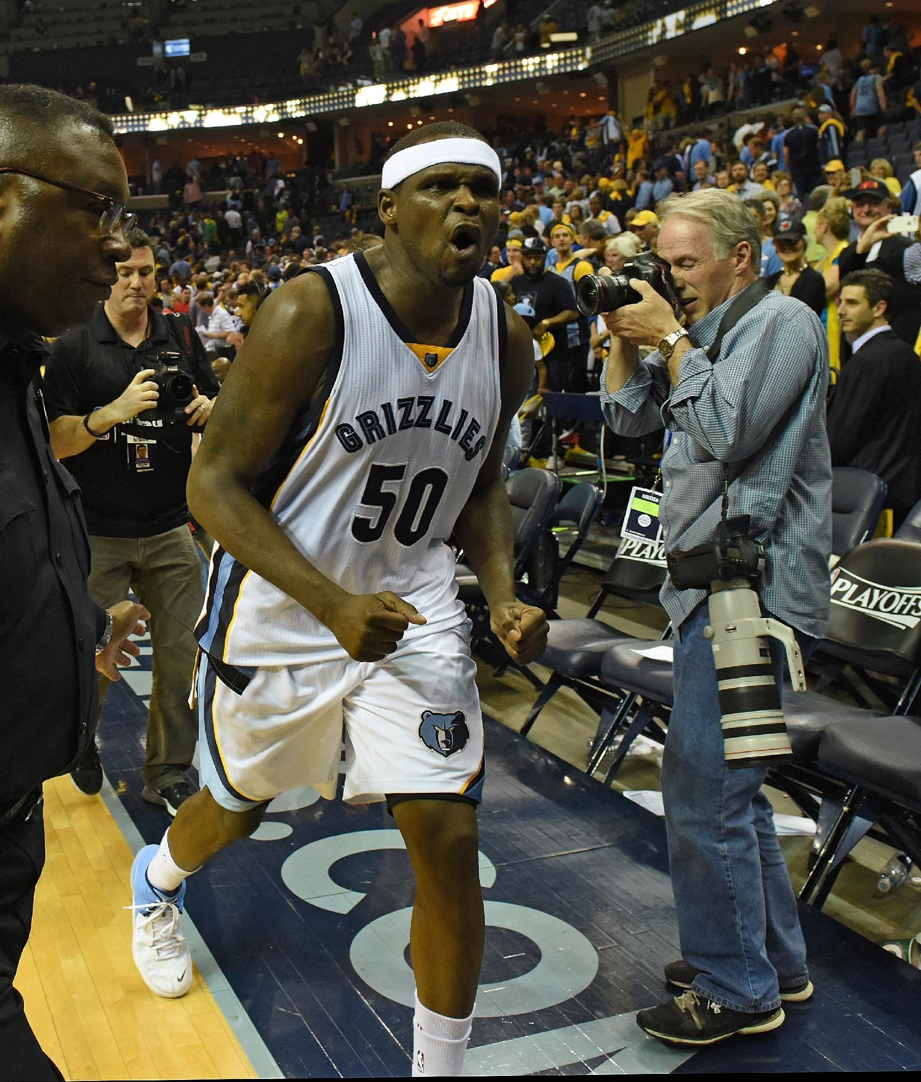 MEMPHIS, TN - APRIL 29: Zach Randolph #50 of the Memphis Grizzlies celebrates after a win over the Portland Trailblazers in Game 5 of the first round of the 2015 NBA Playoffs at FedExForum on April 29, 2015 in Memphis, Tennessee. NOTE TO USER: User expressly acknowledges and agrees that, by downloading and/or using this photograph, user is consenting to the terms and conditions of the Getty Images License Agreement. (Photo by Frederick Breedon/Getty Images)