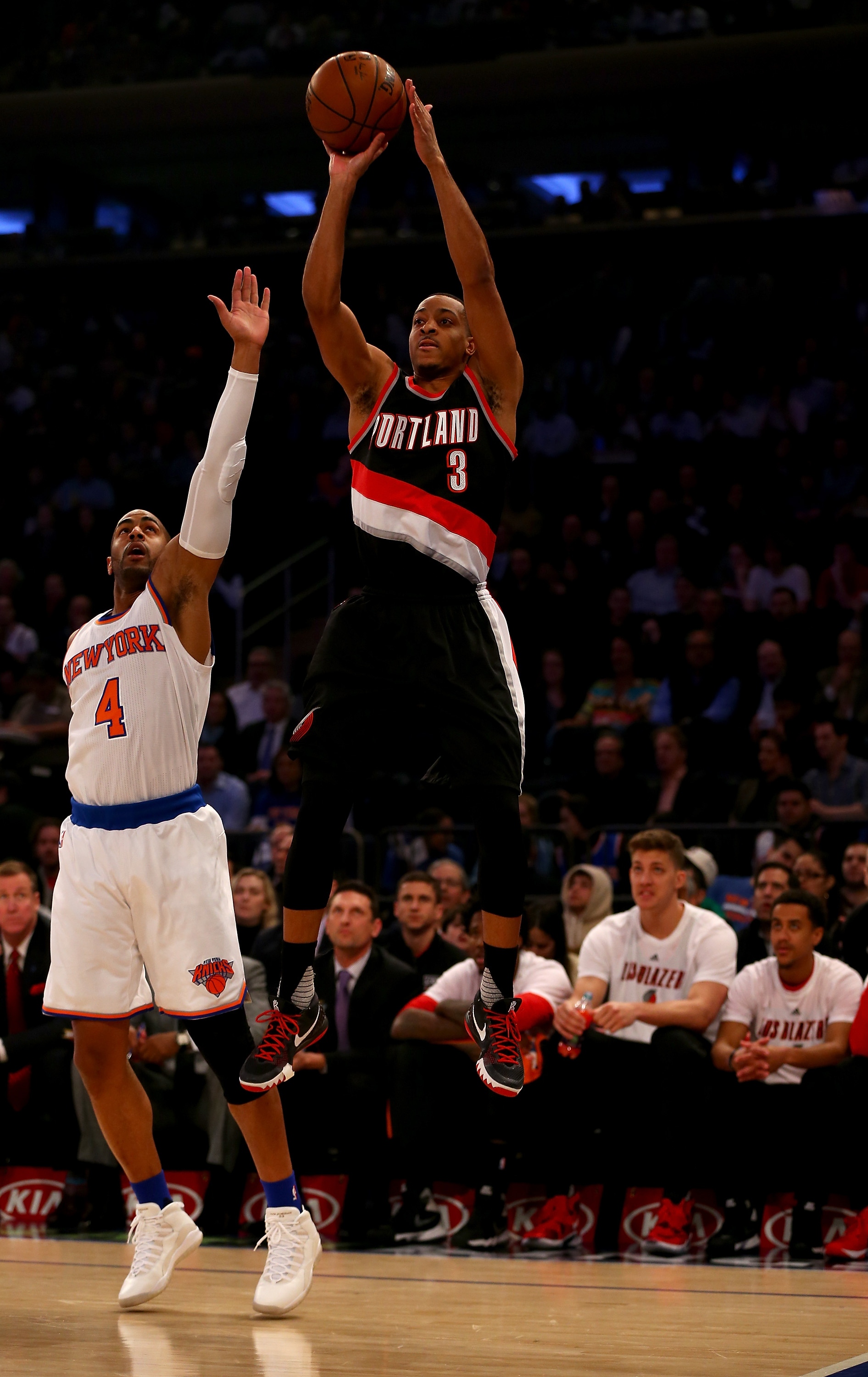 C.J. McCollum got the chance to fire, so he rose. (Elsa/Getty Images)