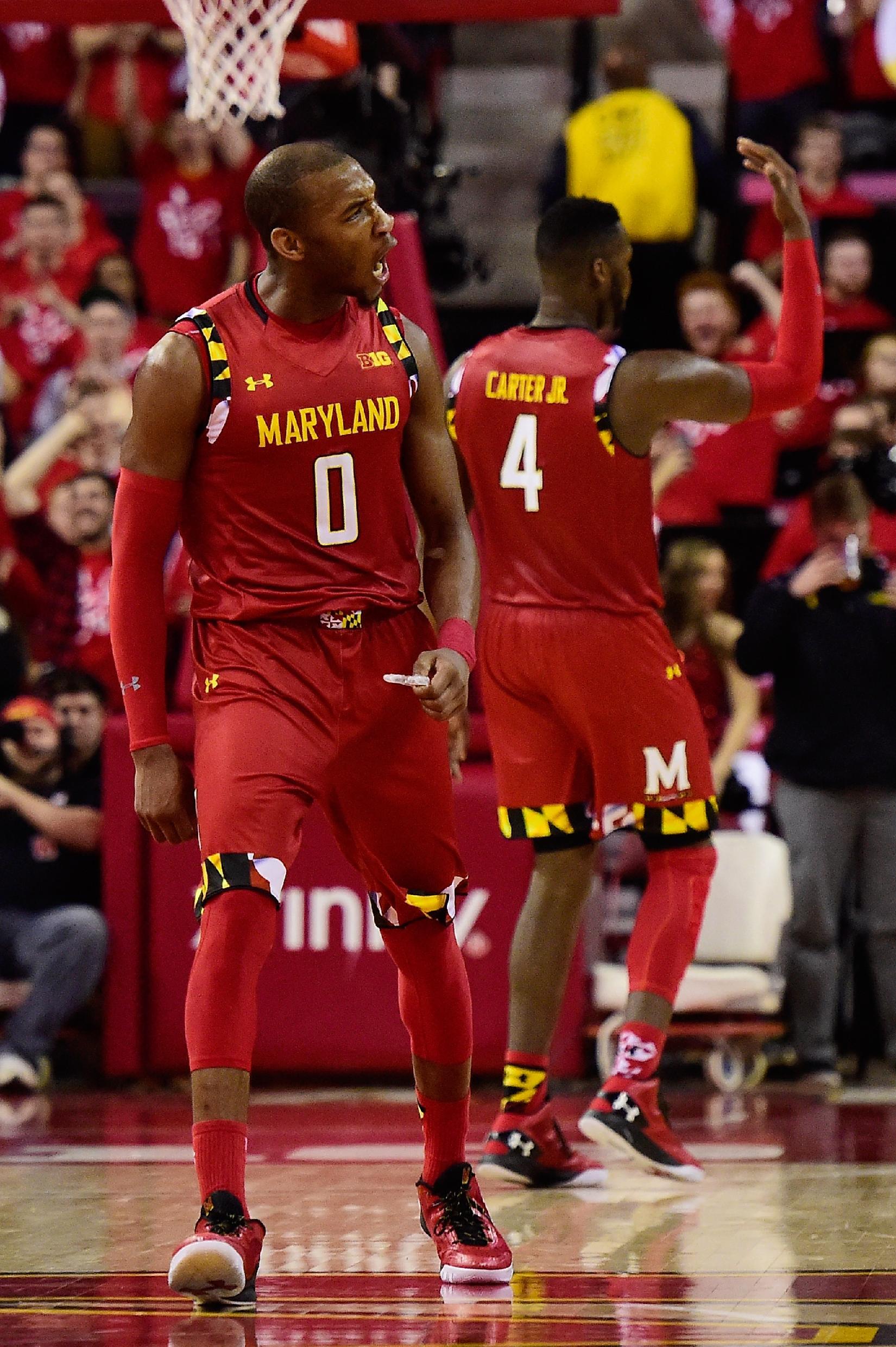 COLLEGE PARK, MD - FEBRUARY 06:  Rasheed Sulaimon #0 of the Maryland Terrapins reacts after a play in the second half against Purdue. (Photo by Patrick McDermott/Getty Images)