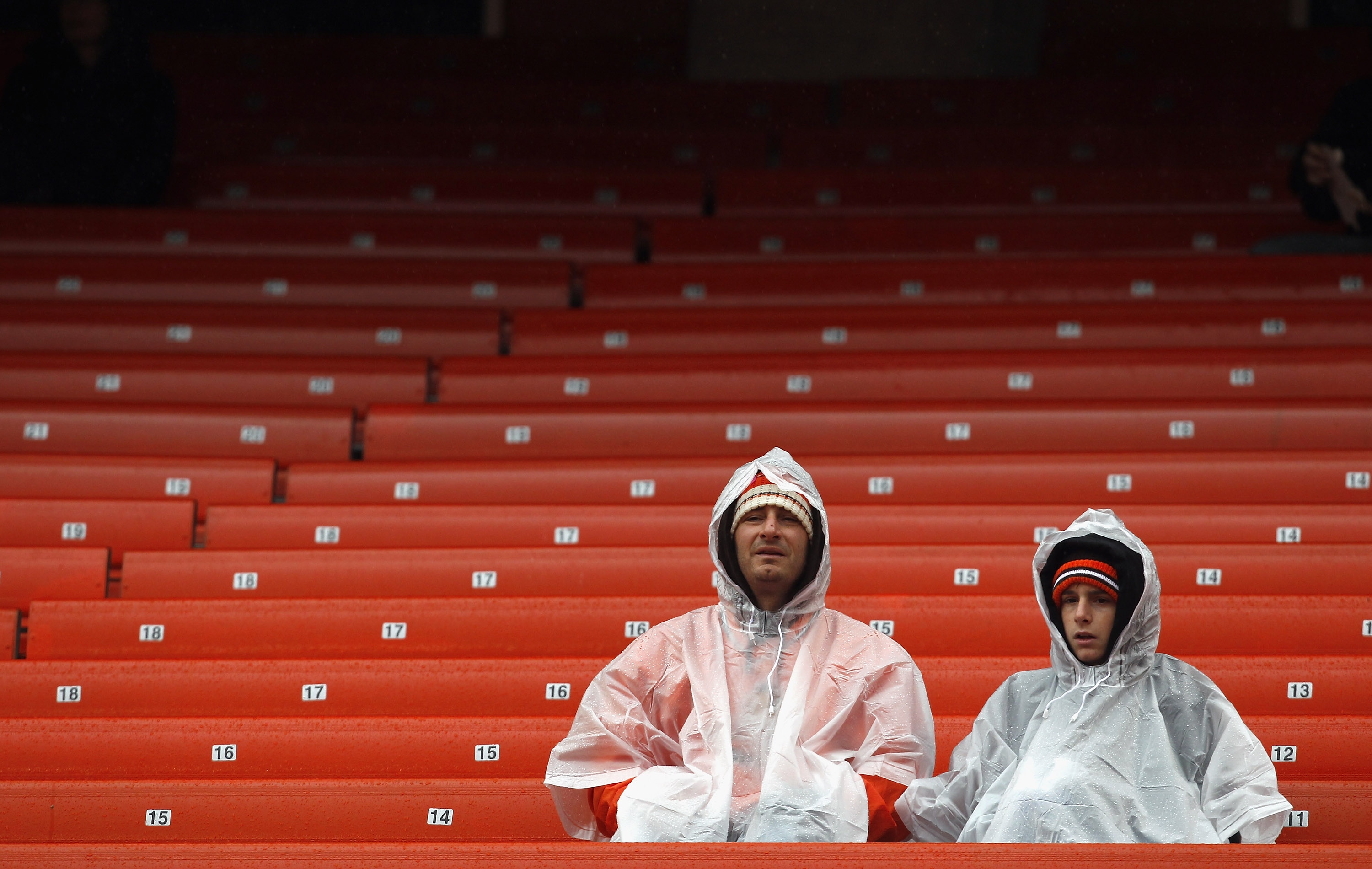 Browns fans brave the wind and rain (Photo by Matt Sullivan/Getty Images)