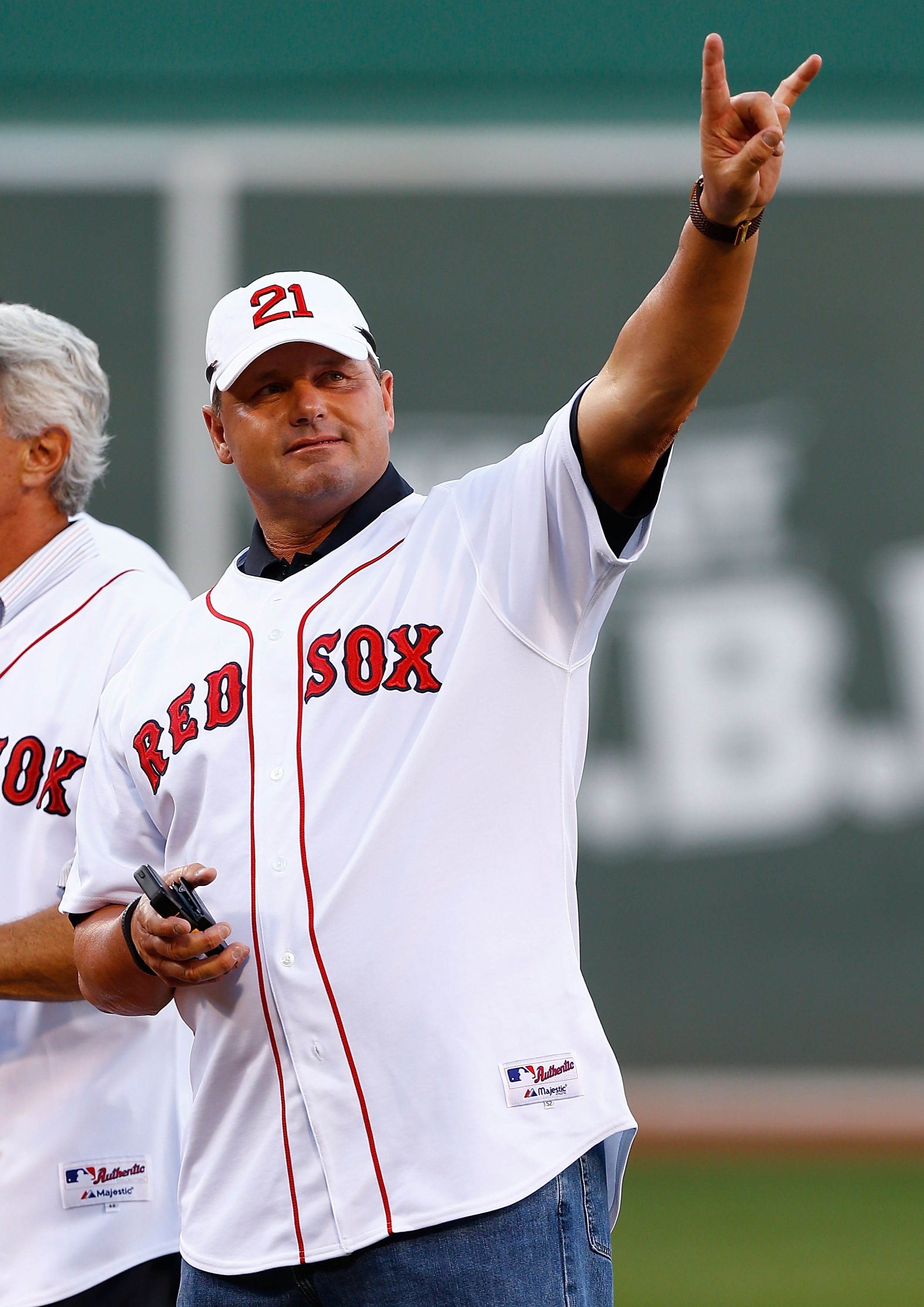 BOSTON, MA - JULY 30: Former Boston Red Sox Roger Clemens acknowledges the crowd while being honored as part of 'Morgan's Magic' team prior to the game between the Boston Red Sox and the Seattle Mariners on July 30, 2013 at Fenway Park in Boston, Massachusetts. (Photo by Jared Wickerham/Getty Images)